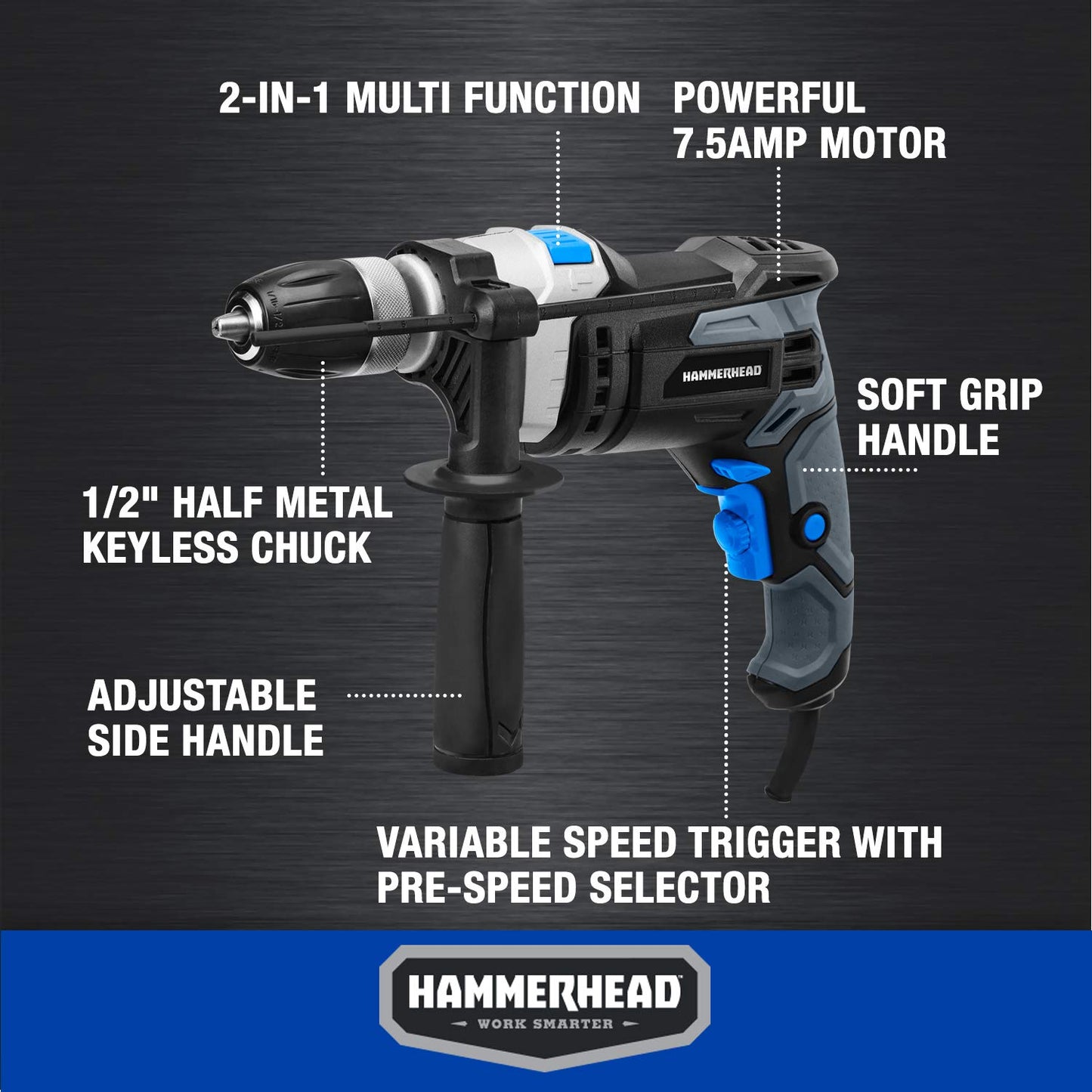 Hammerhead - Taladro de martillo de velocidad variable de 7.5 amperios de 1/2 pulgadas con 6 brocas - HAHD075
