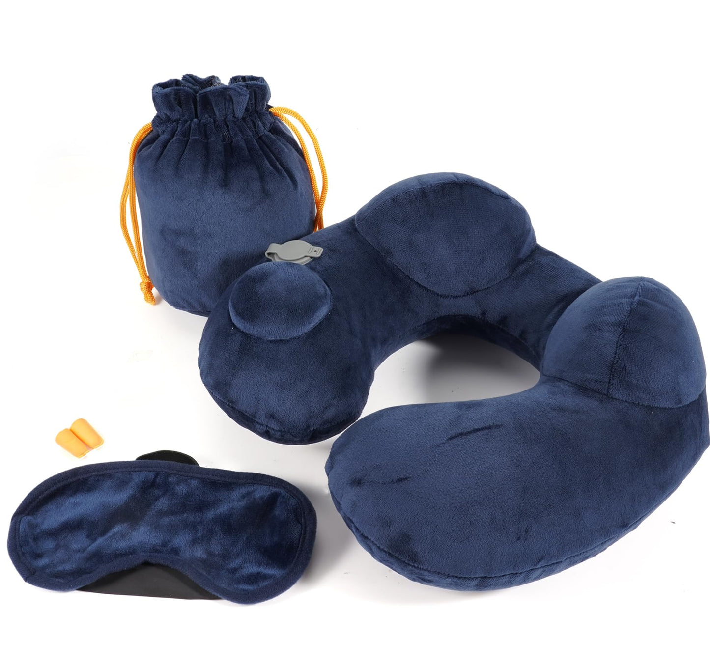 Almohada de Viaje, Almohada de Cuello, Almohada Inflable Desinflado con Máscara de Ojos, Tapones para los oídos Ruidosos, Bolsa con Cordón, Soporte de Cuello, para Avión, Oficina, Automóviles y Hogar