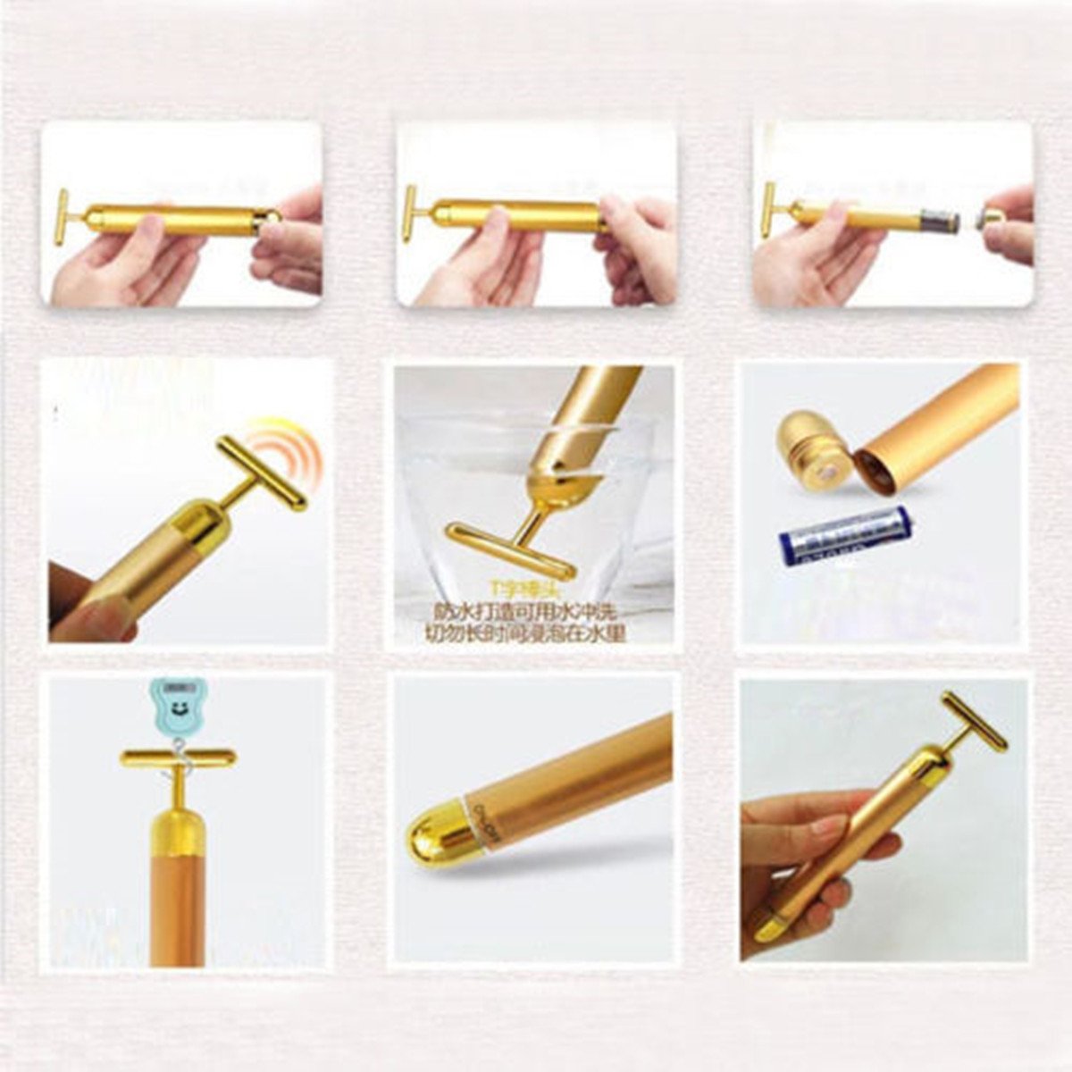 AnHua Waterproof Beauty Bar 24K Golden Anti-Aging PULSE SKIN CARE Gold Facial Roller Massage