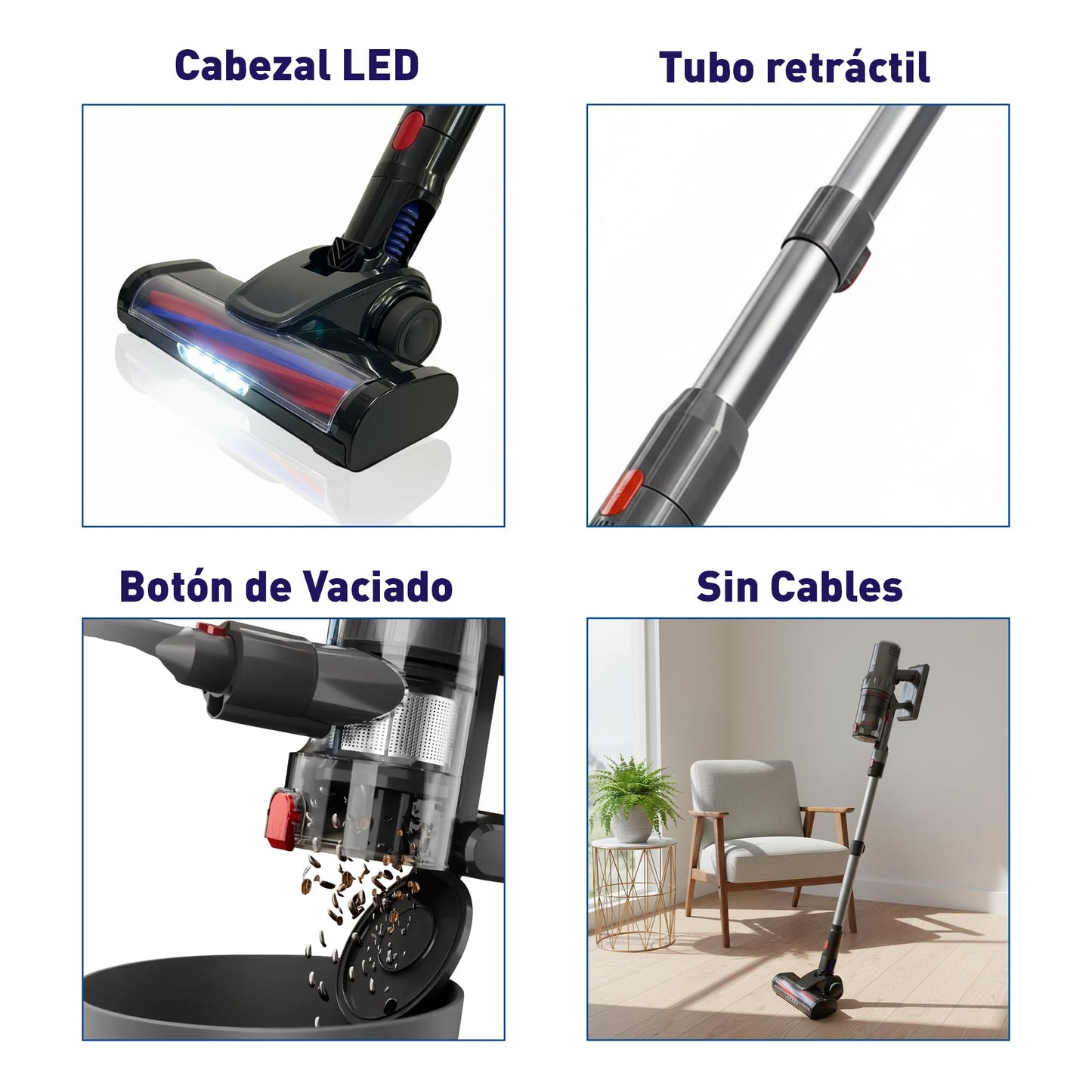 Bluelander Aspiradora Inalámbrica 150 W, Aspiradora de Mano con Tanque 0.55 L, Cabezal LED y Tubo Retráctil, Aspiradora para Auto, Hogar y Suelos, Ligera y Recargable