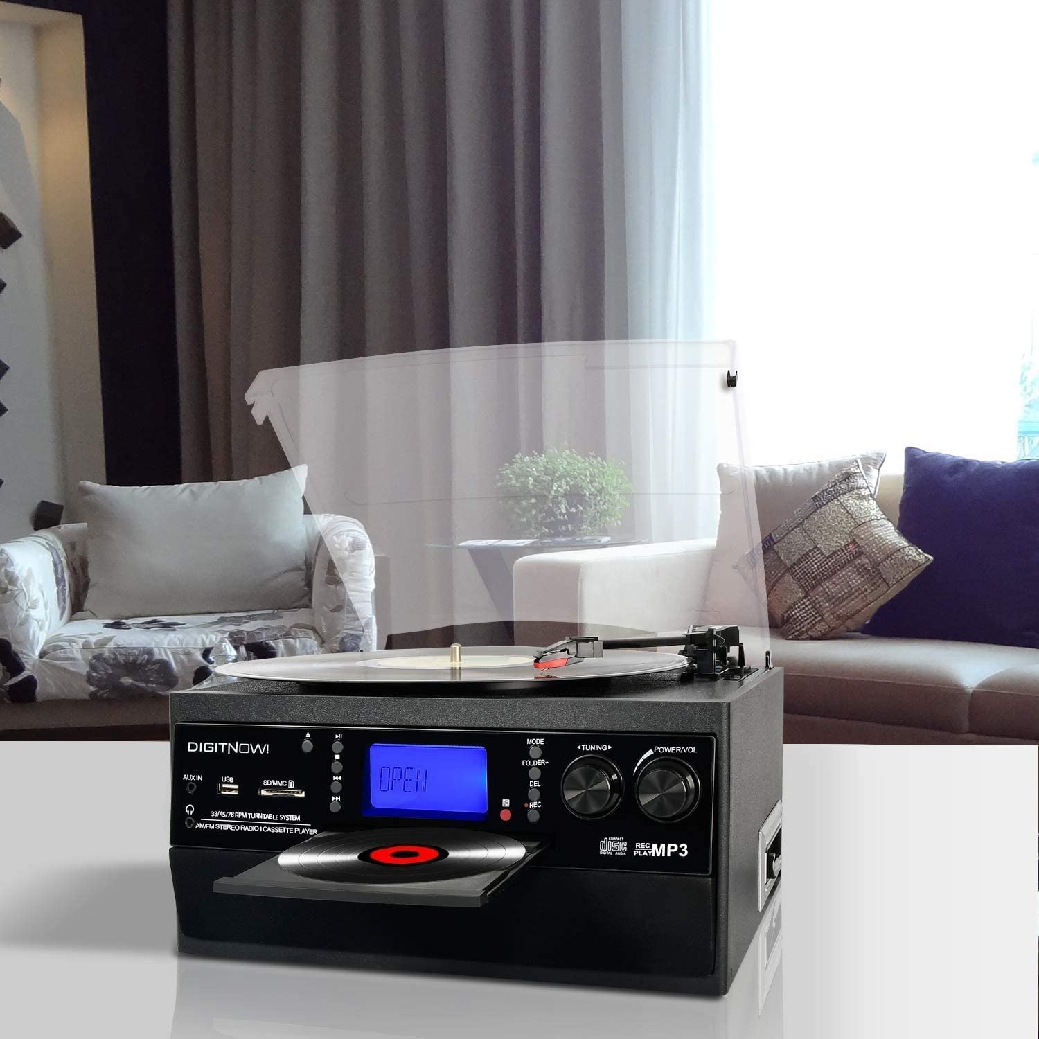 DIGITNOW - Tocadiscos Bluetooth con altavoz estéreo, convertidor de vinilo LP a MP3 con CD, casete, radio, entrada auxiliar y codificación USB/SD, control remoto, reproductor de música de audio