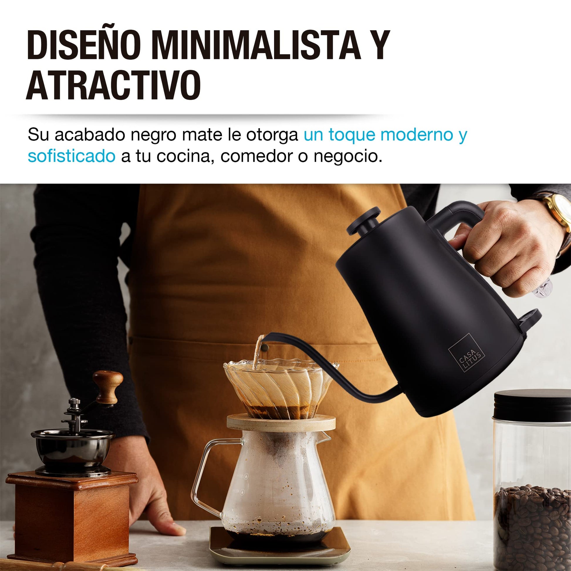 CASA LITUS Tetera Eléctrica de Acero Inoxidable con Cuello de Cisne, Hervidor de Agua Eléctrico con Apagado Automático y Tapa Hermética, Jarra para Preparar Café, Té y más, Cap. 1 Litro, Mod. Hamburgo
