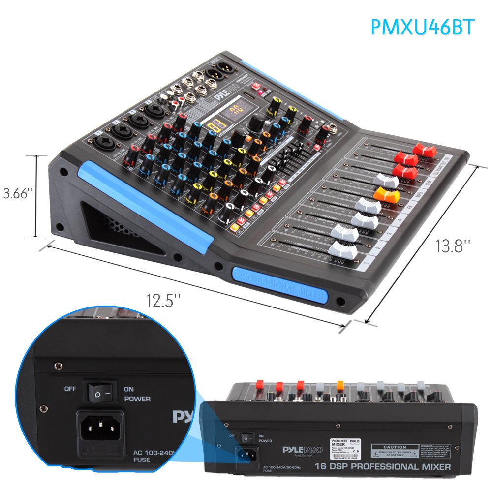 Bluetooth Studio Audio Mixer - Interfaz de controlador de sonido DJ con unidad USB para entrada de grabación de PC, conector de micrófono XLR, alimentación de 48V, entrada / salida para profesionales y principiantes, 4 canales Pro, Negro