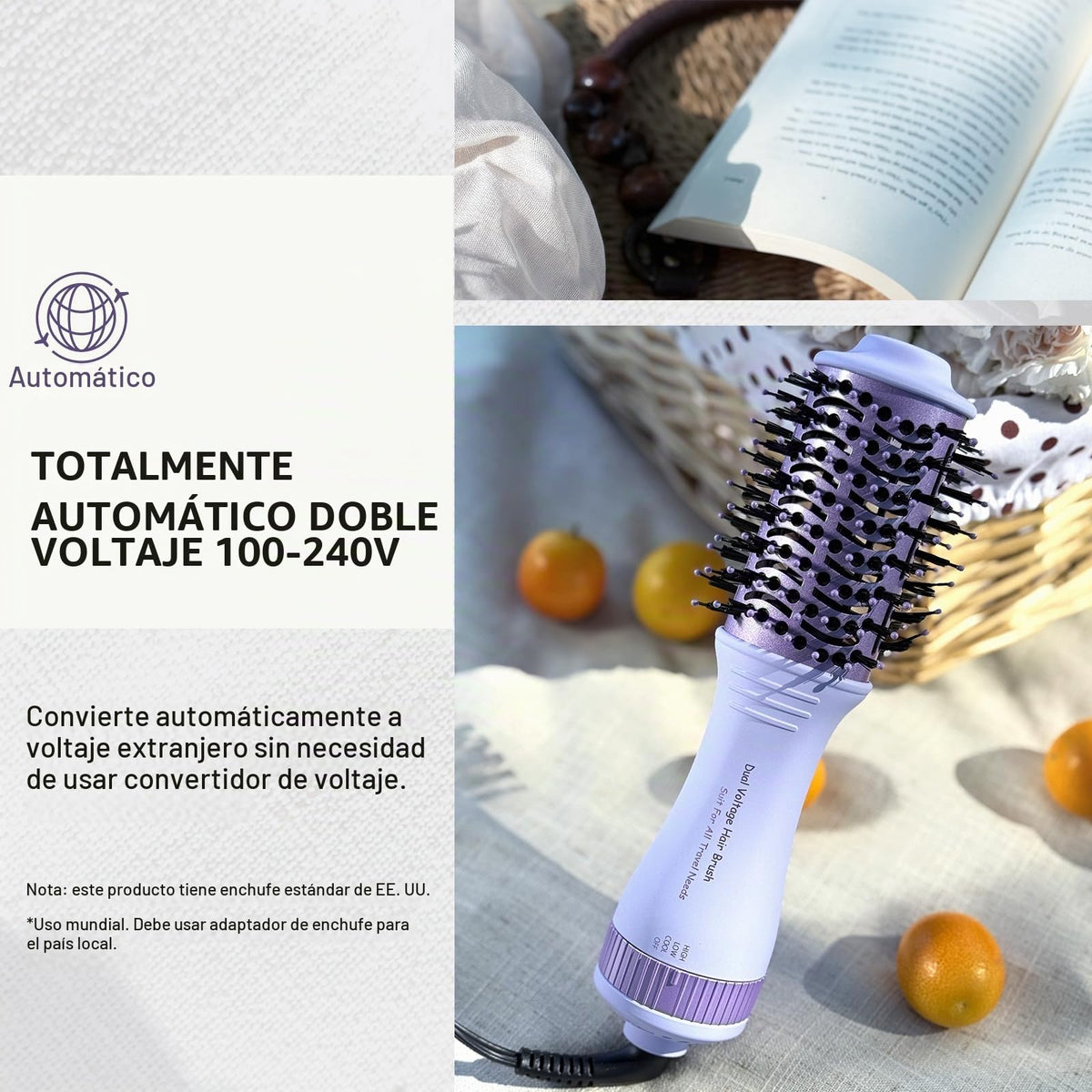 Secador de Pelo con Cepillo de Aire Caliente Doble Voltaje 2 Pulgadas Portátil para Viaje con Enchufe EU y UK
