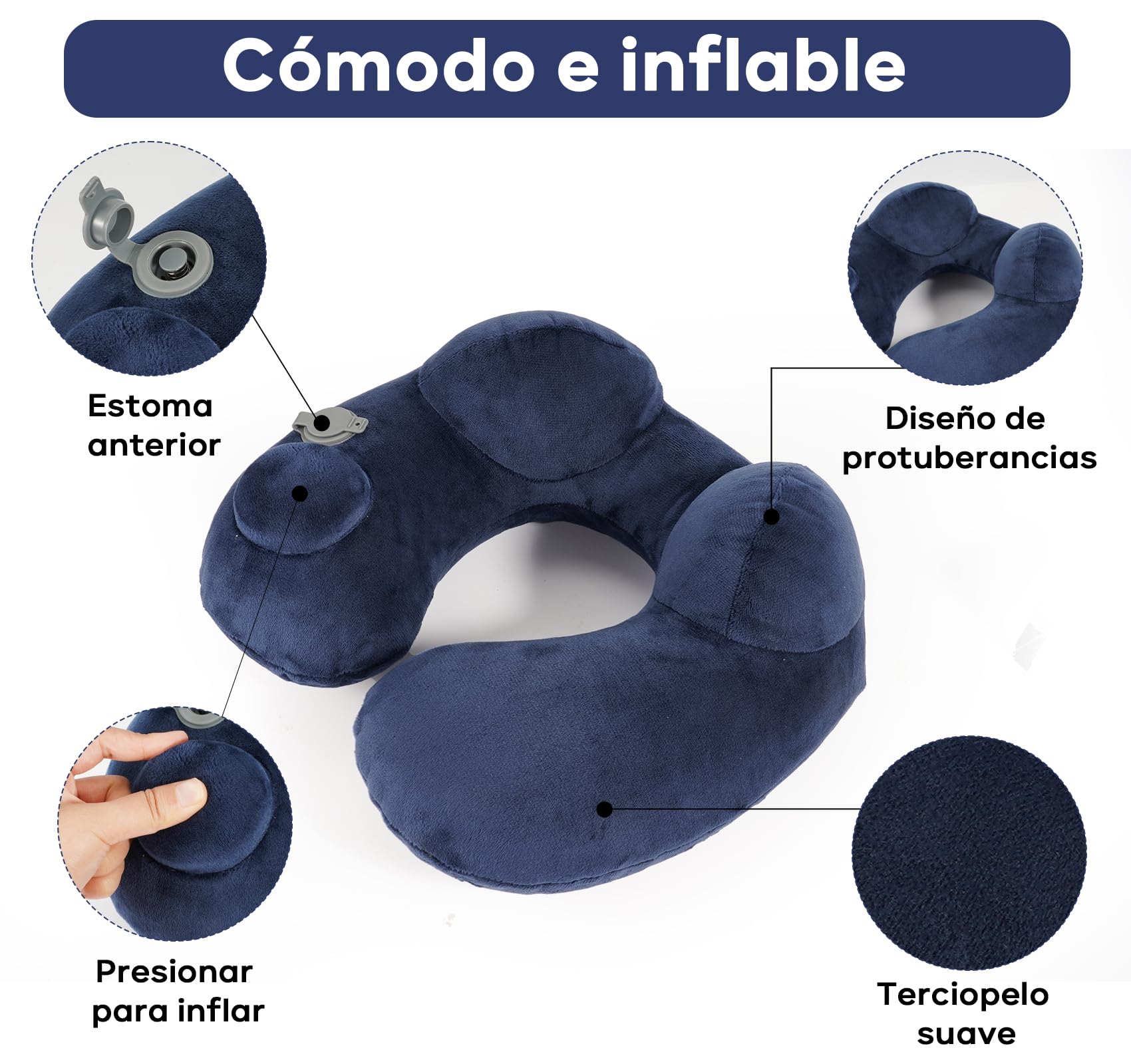 Almohada de Viaje, Almohada de Cuello, Almohada Inflable Desinflado con Máscara de Ojos, Tapones para los oídos Ruidosos, Bolsa con Cordón, Soporte de Cuello, para Avión, Oficina, Automóviles y Hogar