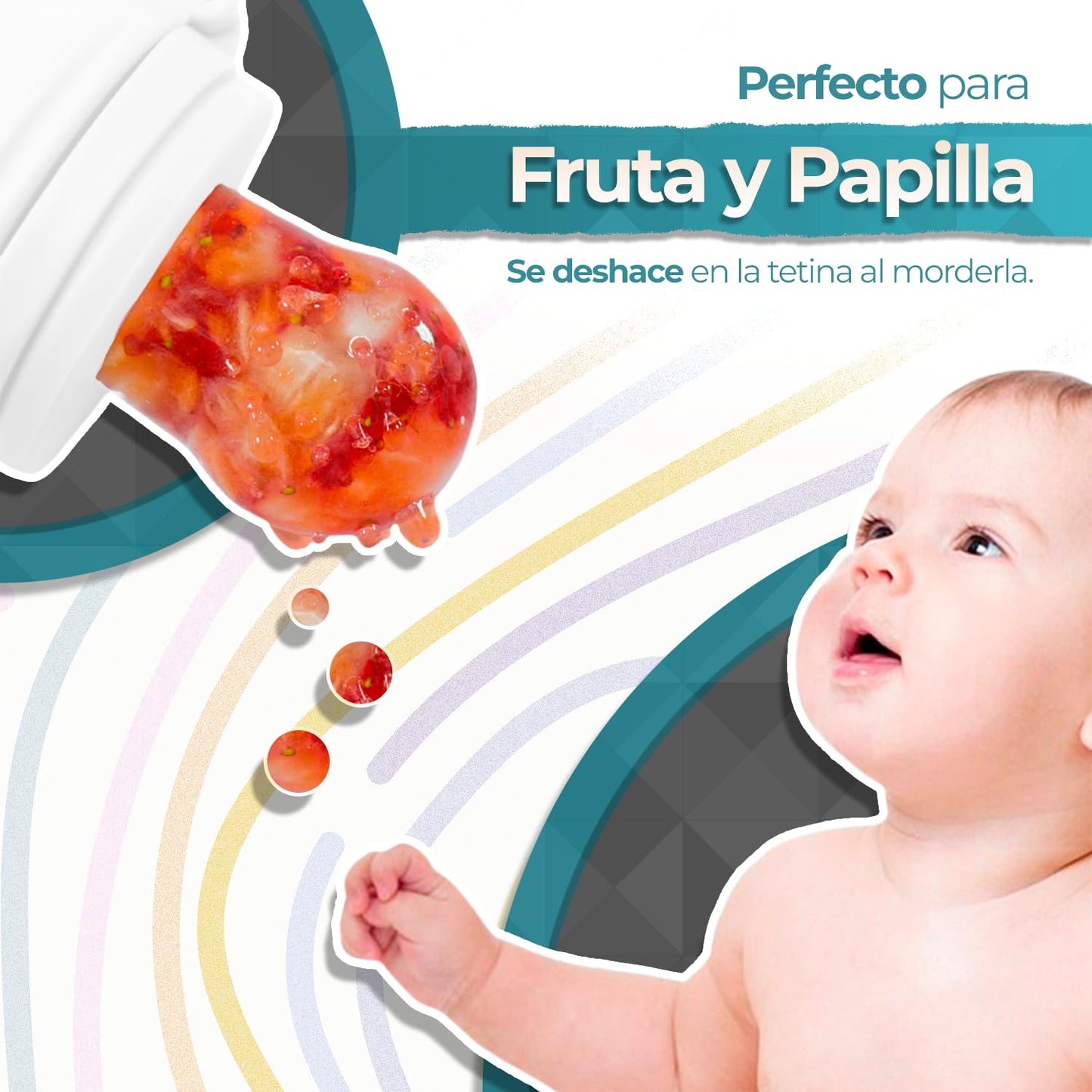 Chupón Para Fruta Y Papilla con Seguro Y Tapa Dibujos Animados, Libre de BPA (AZUL/BLANCO)