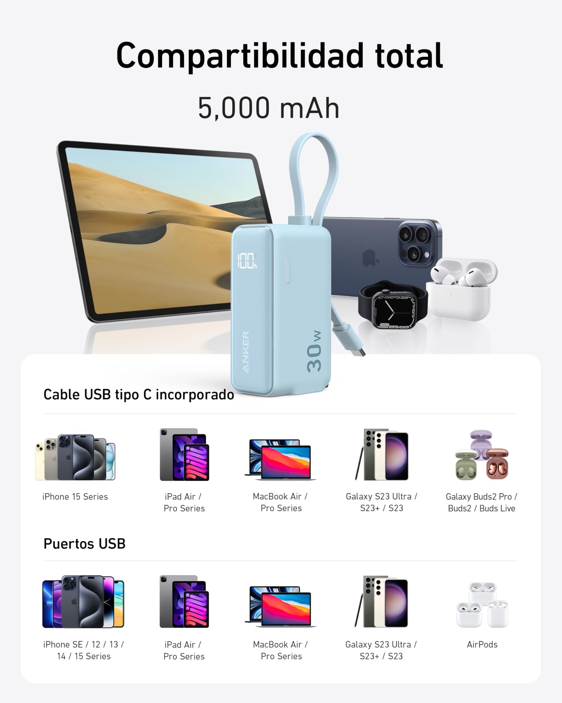 Cargador Portátil Anker USB C Negro con Cable y Enchufe Plegable de 5000mAh 30W para iPhone 15 y Samsung Galaxy