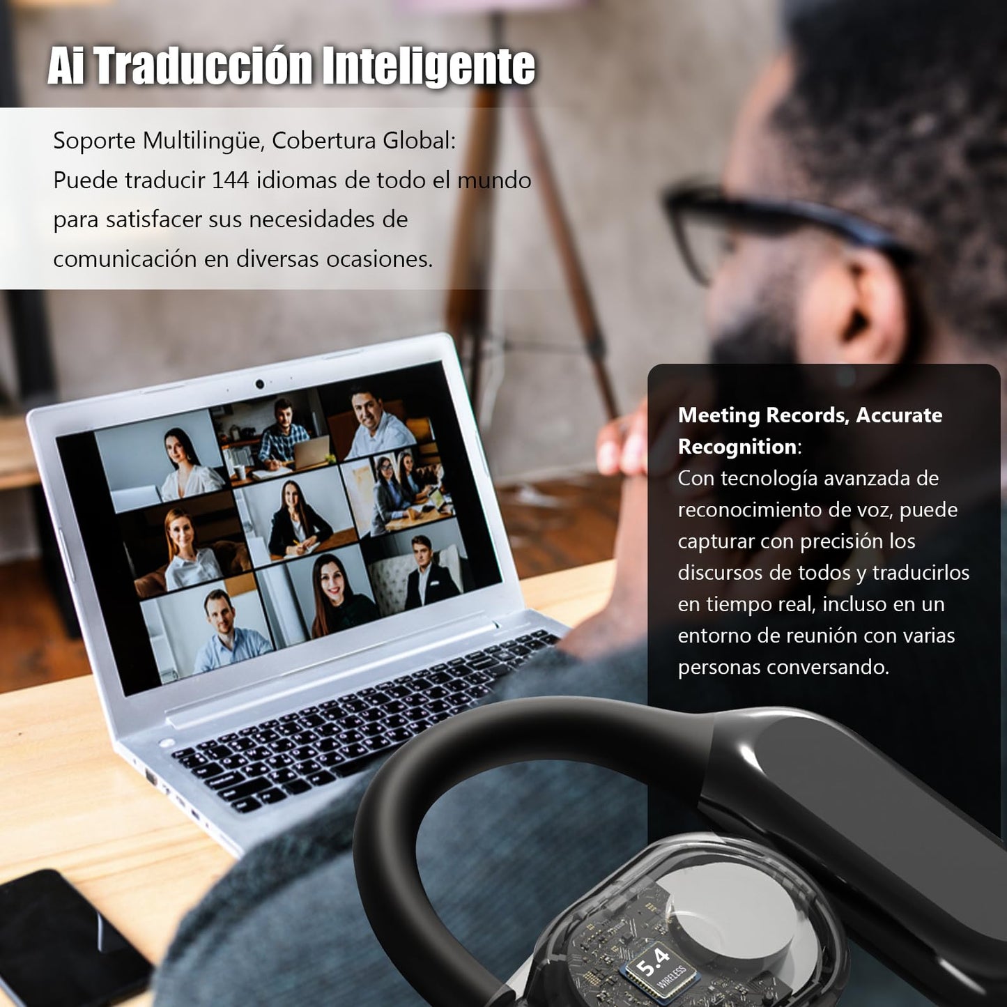 Audífonos Traductor Automática AI Negro con 144 Idiomas Bluetooth 5.4 para Viajes, Negocios y Aprendizaje