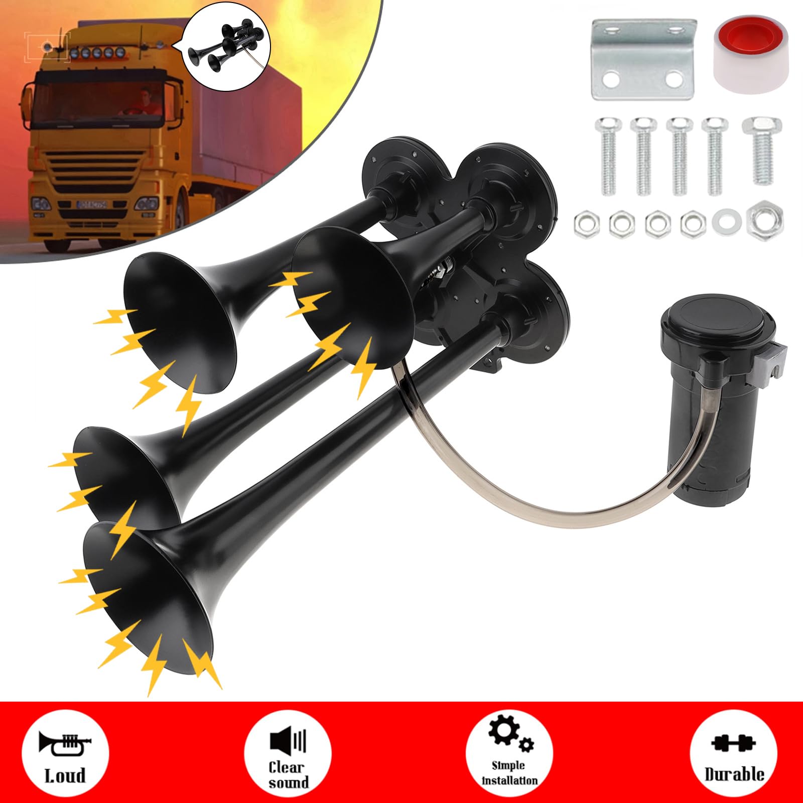 DriSentri - Kit de bocinas de tren, 4 trompeta, bocinas de tren superfuertes de 12 V 185 dB para camionetas, cuatro bocinas de aire de trompeta con compresor para vehículos, camiones, camionetas,