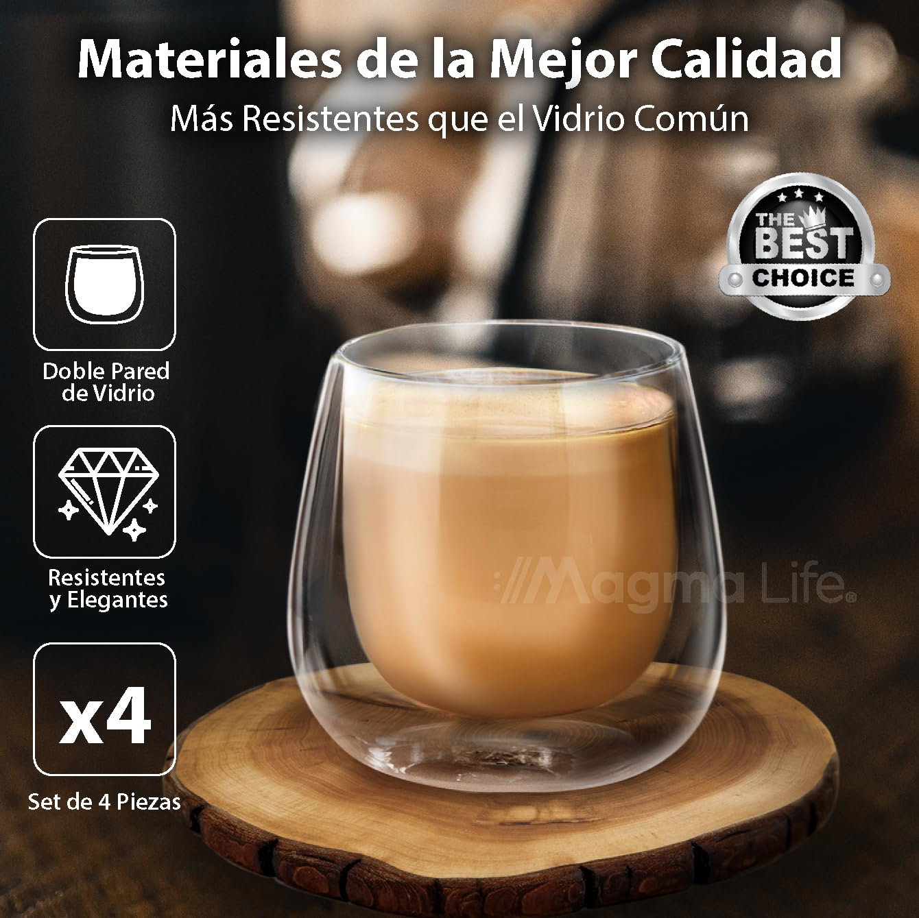 MAGMALIFE Vasos de Cristal de Doble Pared de 80 ml (2.7 Onzas), Vidrio Térmico Doble Fondo. Set de 4 Piezas, Tamaño Ideal Para Espresso. Elegancia y versatilidad en cada sorbo. ¡Disfruta al máximo!