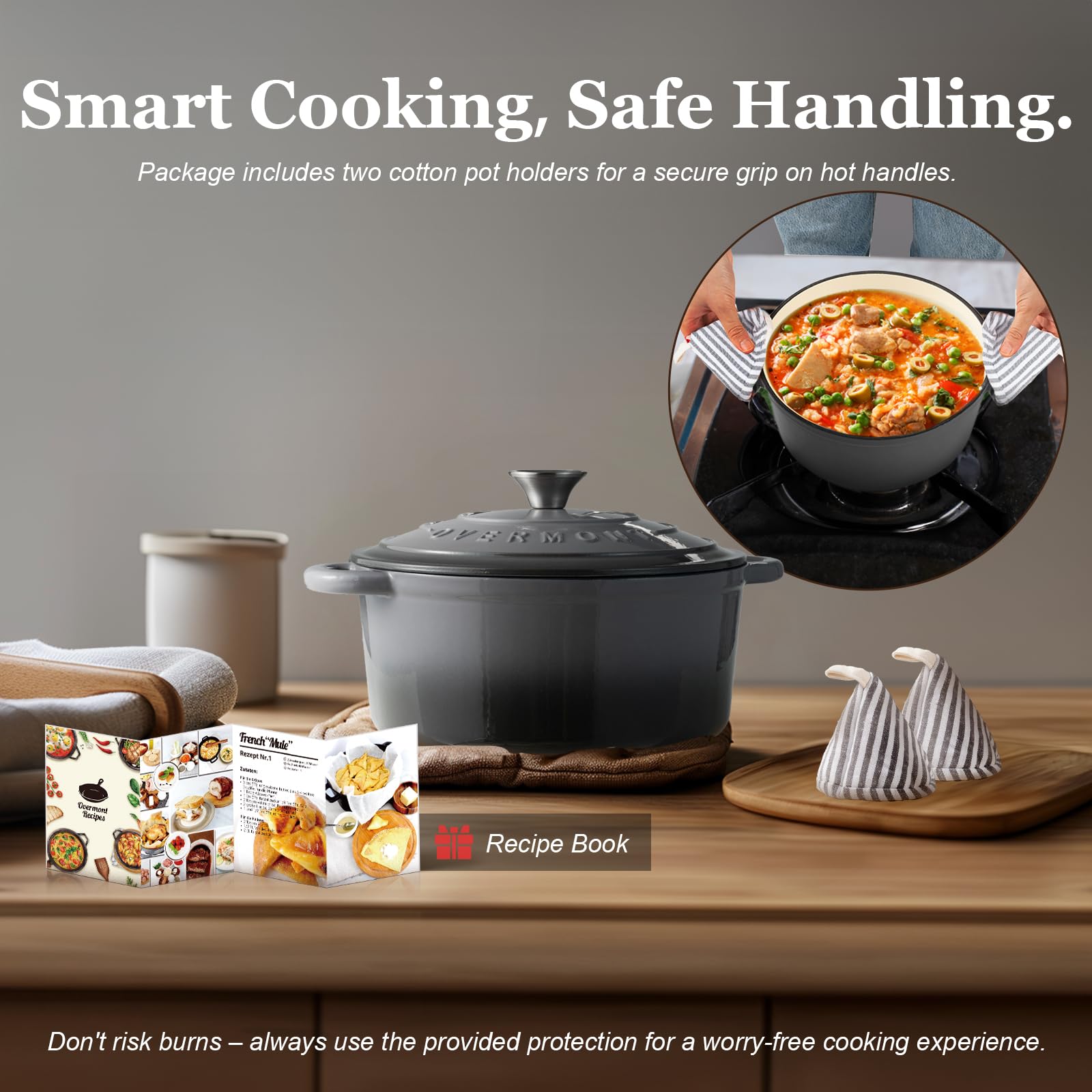 Overmont - Horno holandés de hierro fundido esmaltado, utensilios de cocina de 5.5 cuartos con tapa de algodón resistente al calor, olla esmaltada resistente con tapa para estofados, asar pan y