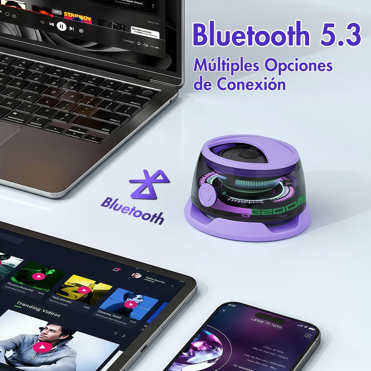 SOLVIFY Mini Bocinas Bluetooth Magnéticas, Altavoz Magnético Bluetooth con Luz RGB, Sonido Envolvente 3D, G200, Tecnología Conexión Inalámbrica 5.3, Portátil Se Puede Utilizar como Soporte (Blanco)
