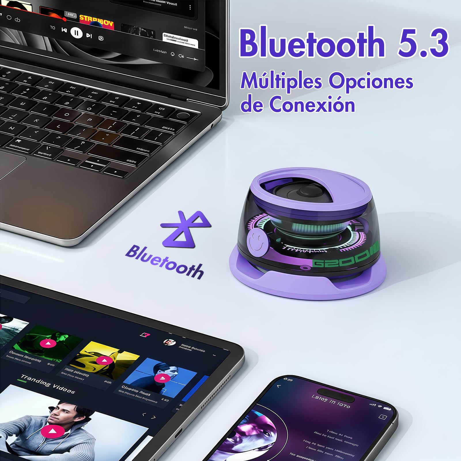 SOLVIFY Mini Bocinas Bluetooth Magnéticas, Altavoz Magnético Bluetooth con Luz RGB, Sonido Envolvente 3D, G200, Tecnología Conexión Inalámbrica 5.3, Portátil Se Puede Utilizar como Soporte (Violeta)