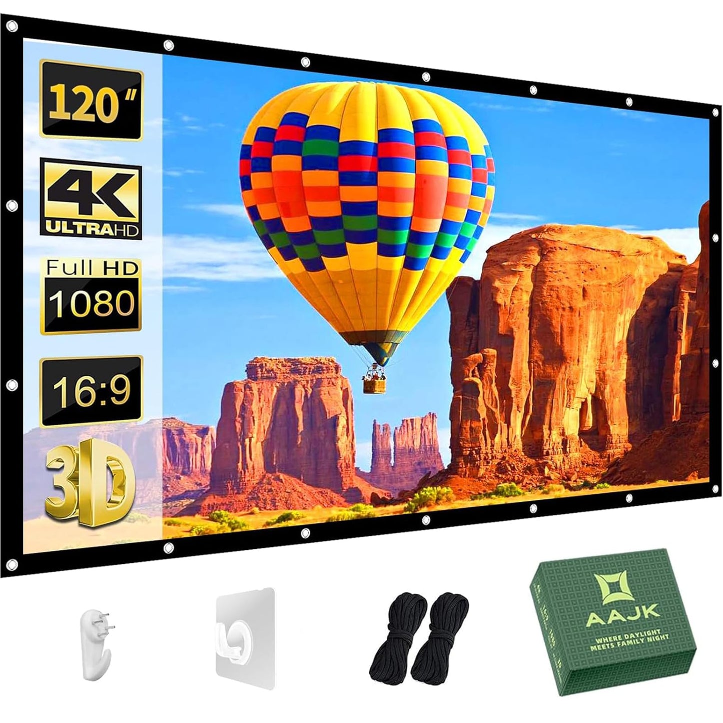 AAJK - visualización de proyector para exteriores de 120 pulgadas, lavable, 16:9, plegable, antiarrugas, portátil, para cine en casa, exterior, soporte para interiores, proyección de doble cara