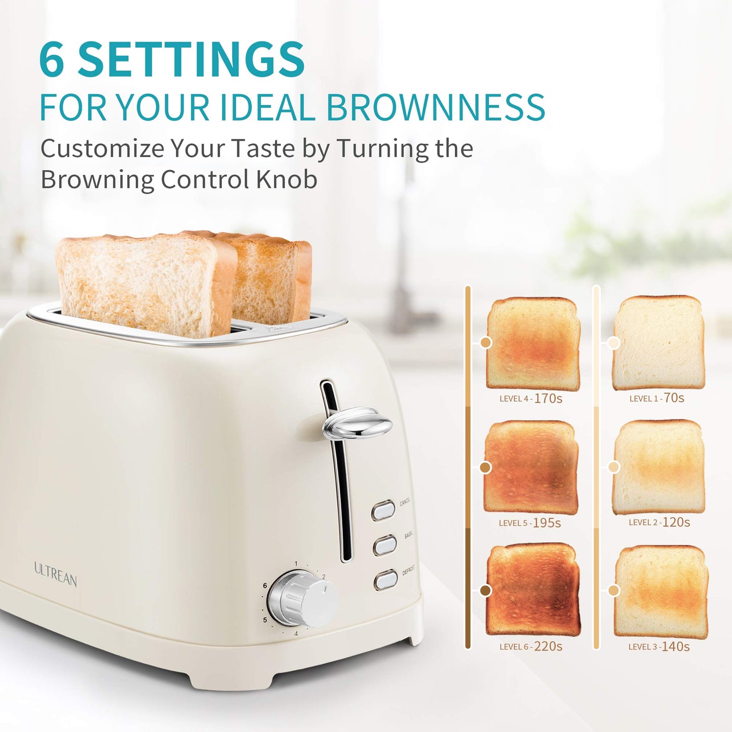 Ultrean tostador de 2 rebanadas con ranura extra ancha para tostar bagels, panes, gofres y más, material de acero inoxidable con bandeja extraíble para migas, 6 ajustes de color dorado