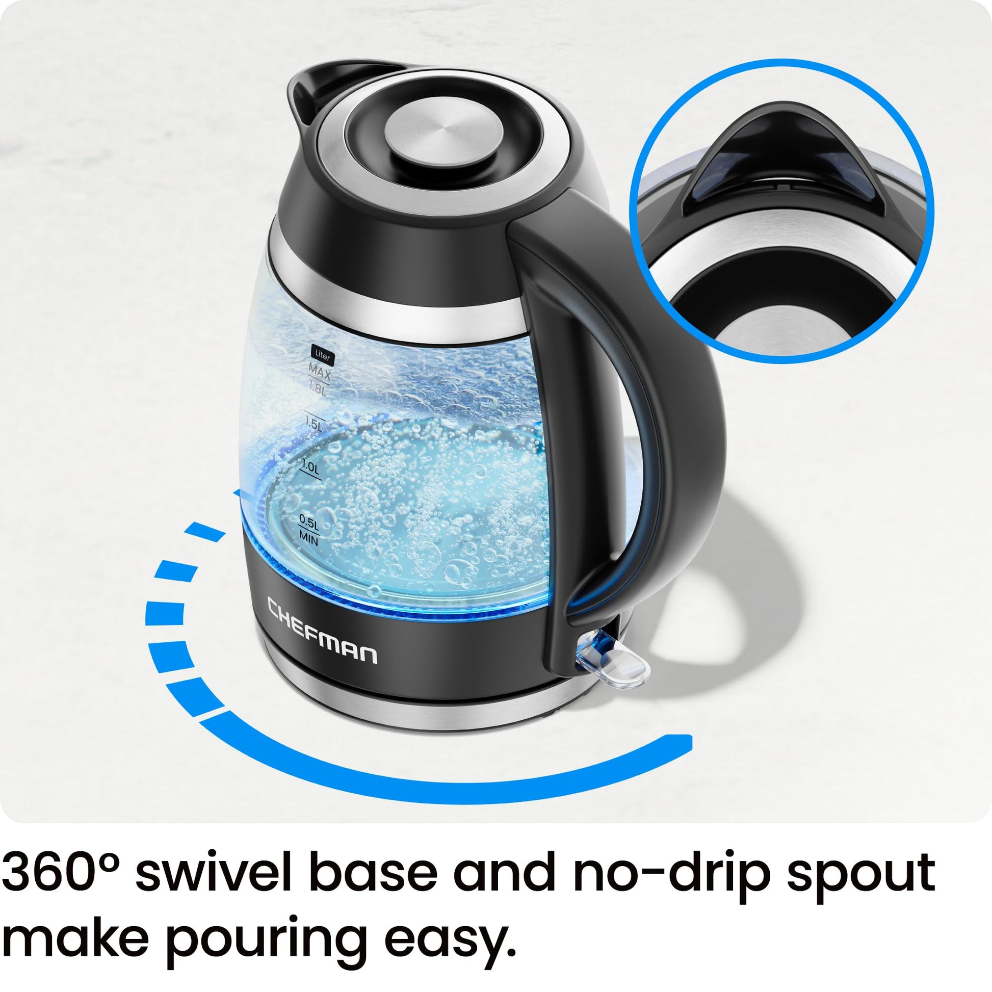 Chefman Hervidor eléctrico para agua hirviendo, 1.8L 1500W, agua caliente en 3 minutos, luces LED, apagado automático, protección de ebullición y secado, hervidor de té eléctrico de vidrio negro