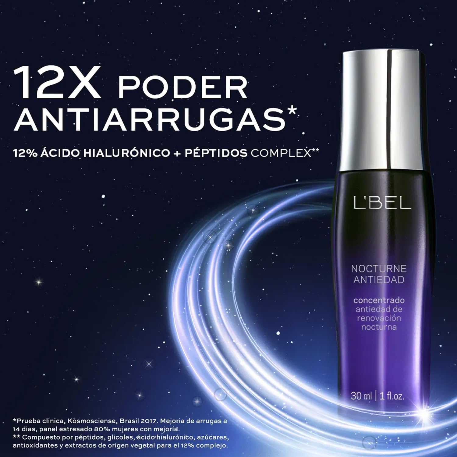L'BEL - Set Nocturne, Contorno Ojos 15 g + Sérum Antiedad 30 ml + Bolsa de Regalo, con Ácido Hialurónico, Cuidado Facial, Skincare, para Todas Edades, para Rosto Saludable y Descansado