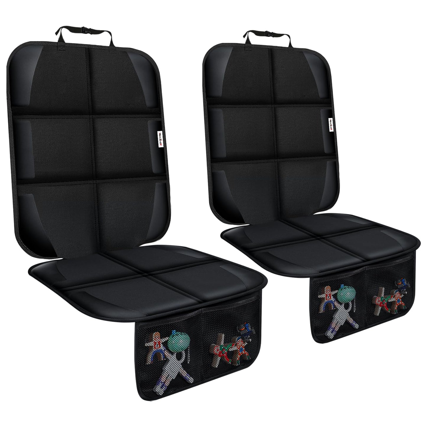 Meolsaek - Protector de asiento de coche para asiento de coche infantil, tela duradera 600D, impermeable, con almohadilla gruesa, respaldo antideslizante (sin huellas) (2 protectores de asiento negro)