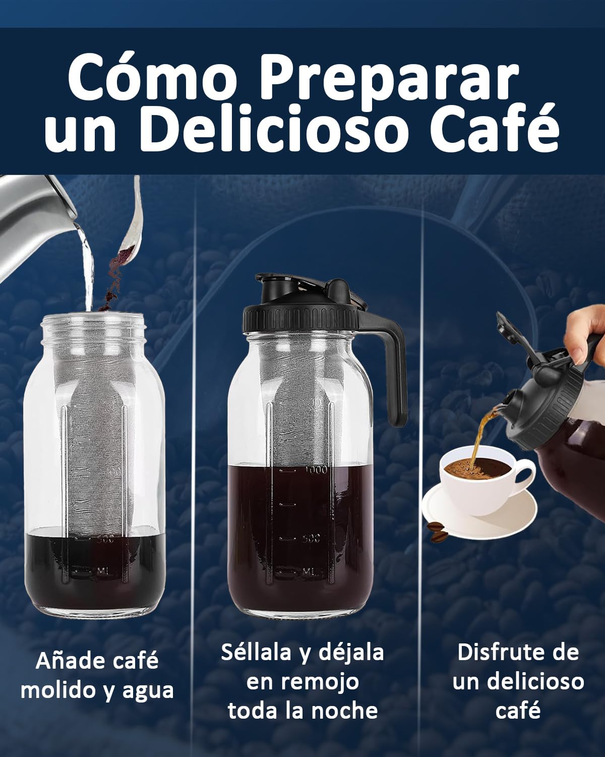 Cafetera Cold Brew Wexlerey Vidrio 64oz Hermética y a Prueba de Fugas con Filtro de Acero Inoxidable para Café, Té y Bebidas de Frutas