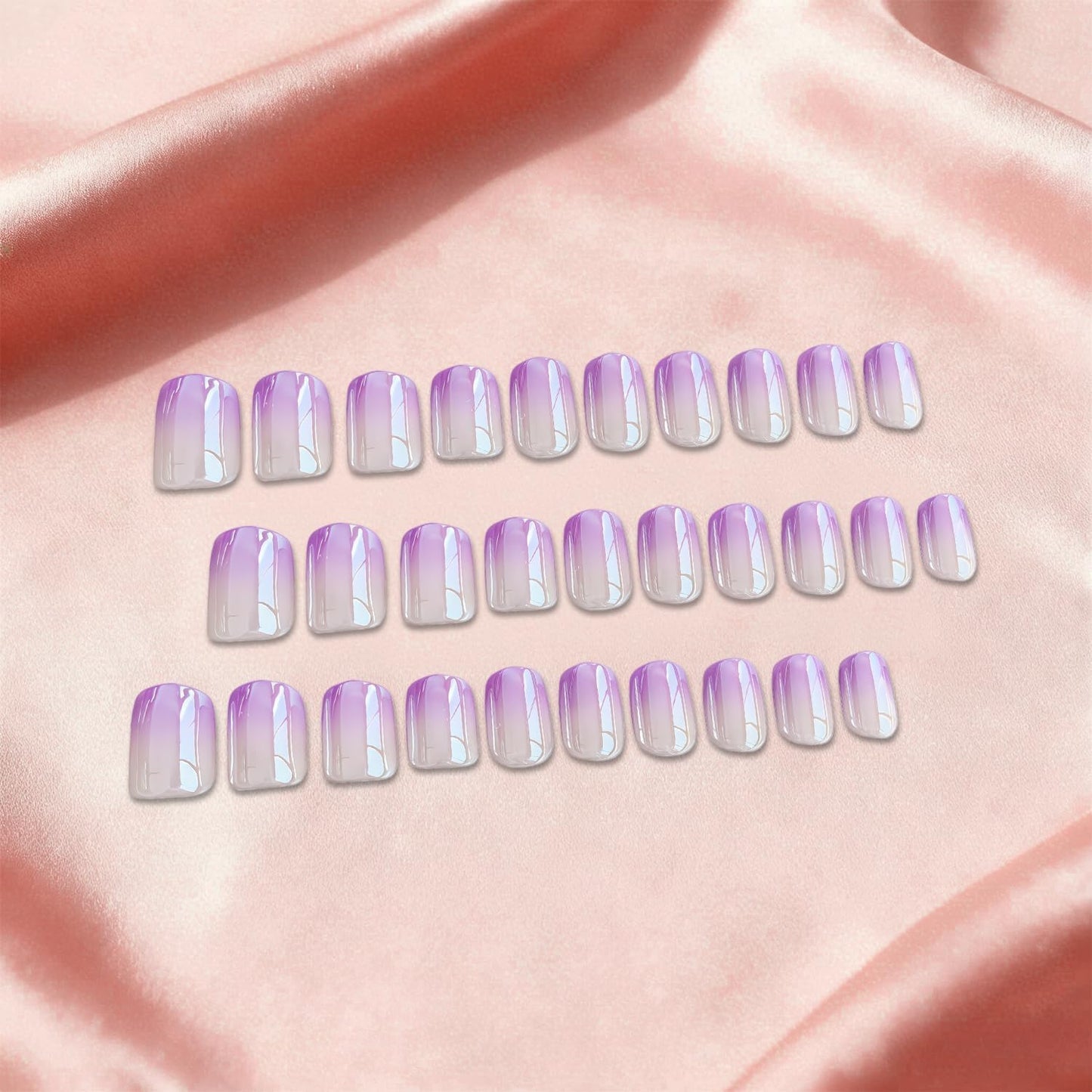 JOYVVEW Uñas postizas Ombre Press on Nails cortas cuadradas, uñas postizas lila degradadas esmaltadas con pegamento para uso diario de mujeres, uñas postizas francesas gruesas reutilizables de color r
