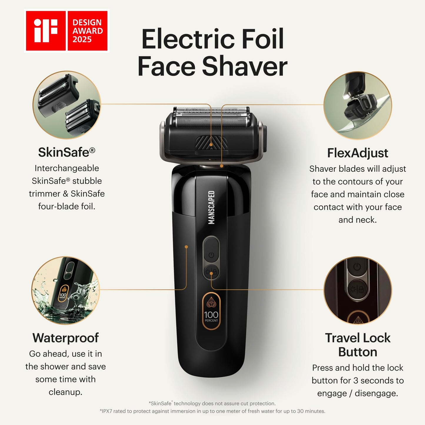 Afeitadora de láminas para hombres MANSCAPED® The Chairman™ PRO: recortadora de cuatro cuchillas SkinSafe® para barba incipiente y vello facial, carga inalámbrica y USB-C, bloqueo para viajes