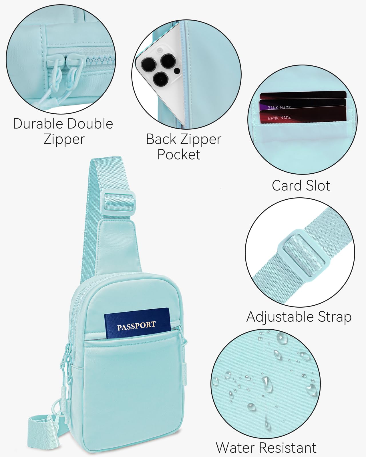 Bolso bandolera pequeño para mujeres y hombres, riñonera bandolera con correa ajustable, bolsa de pecho para correr y ciclismo, Azul/claro