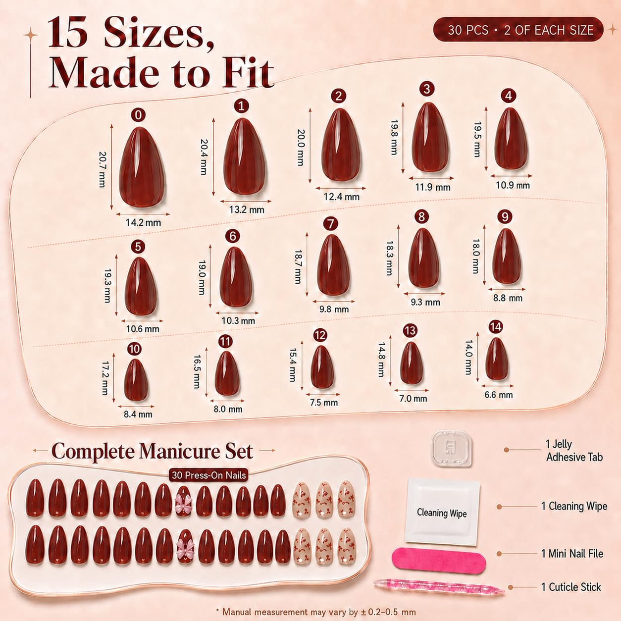 CLYHLTMZ Uñas Postizas Cortas Almendradas, Color Rojo Vino, Cobertura Completa, Con Diseño De Lazo, Acabado Brillante Con Diseño De Cereza. Uñas Acrílicas Adhesivas Removibles Para Mujeres Y Niñas(30