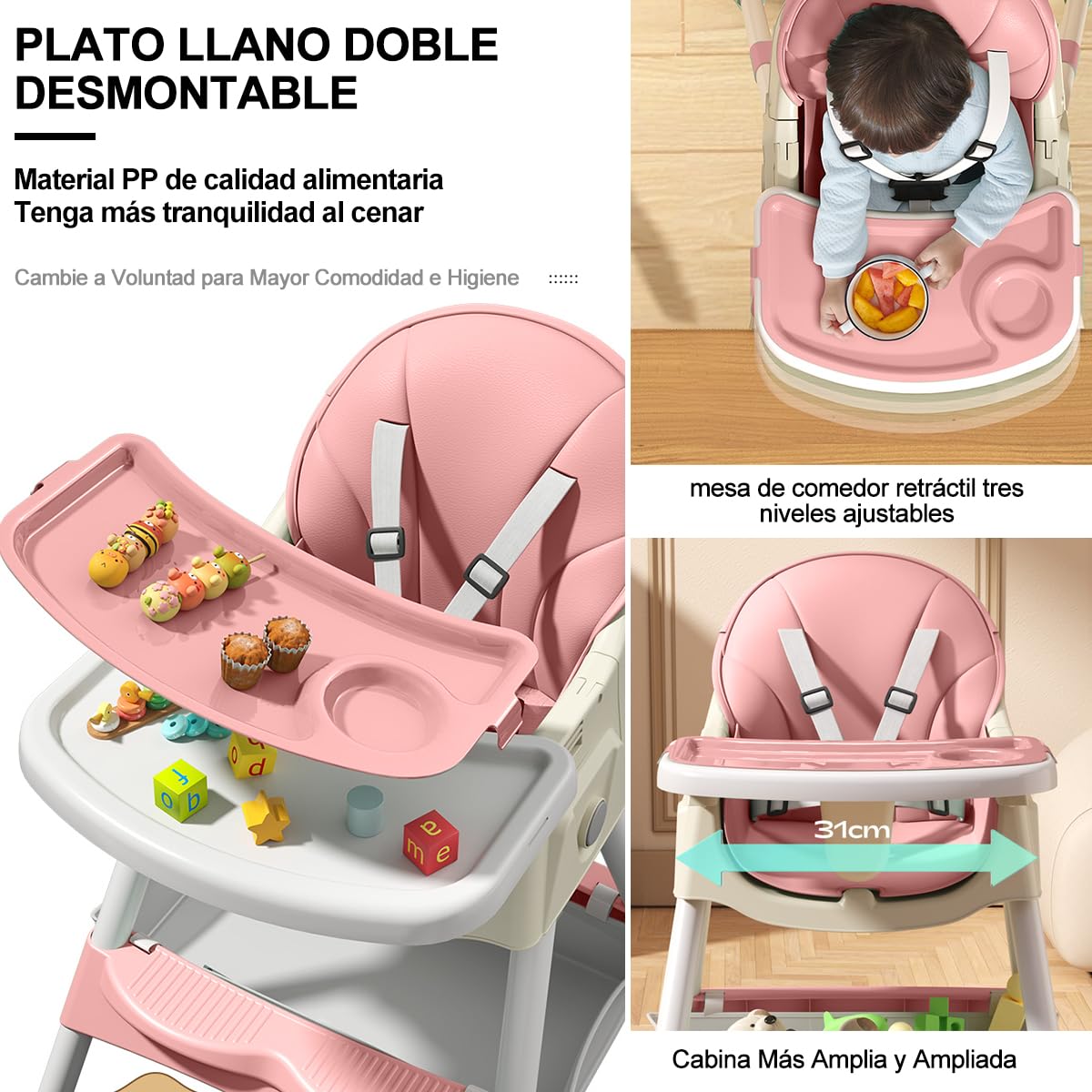 SLNXA Silla Alta para Bebé Multifuncional Silla de Comedor, Sillón y Mecedora en Uno con Ruedas Universales, Plato Llano Doble Extraíble, Cesta de Almacenamiento y Cojín de PU, Ajustable Plegable (Rosa)