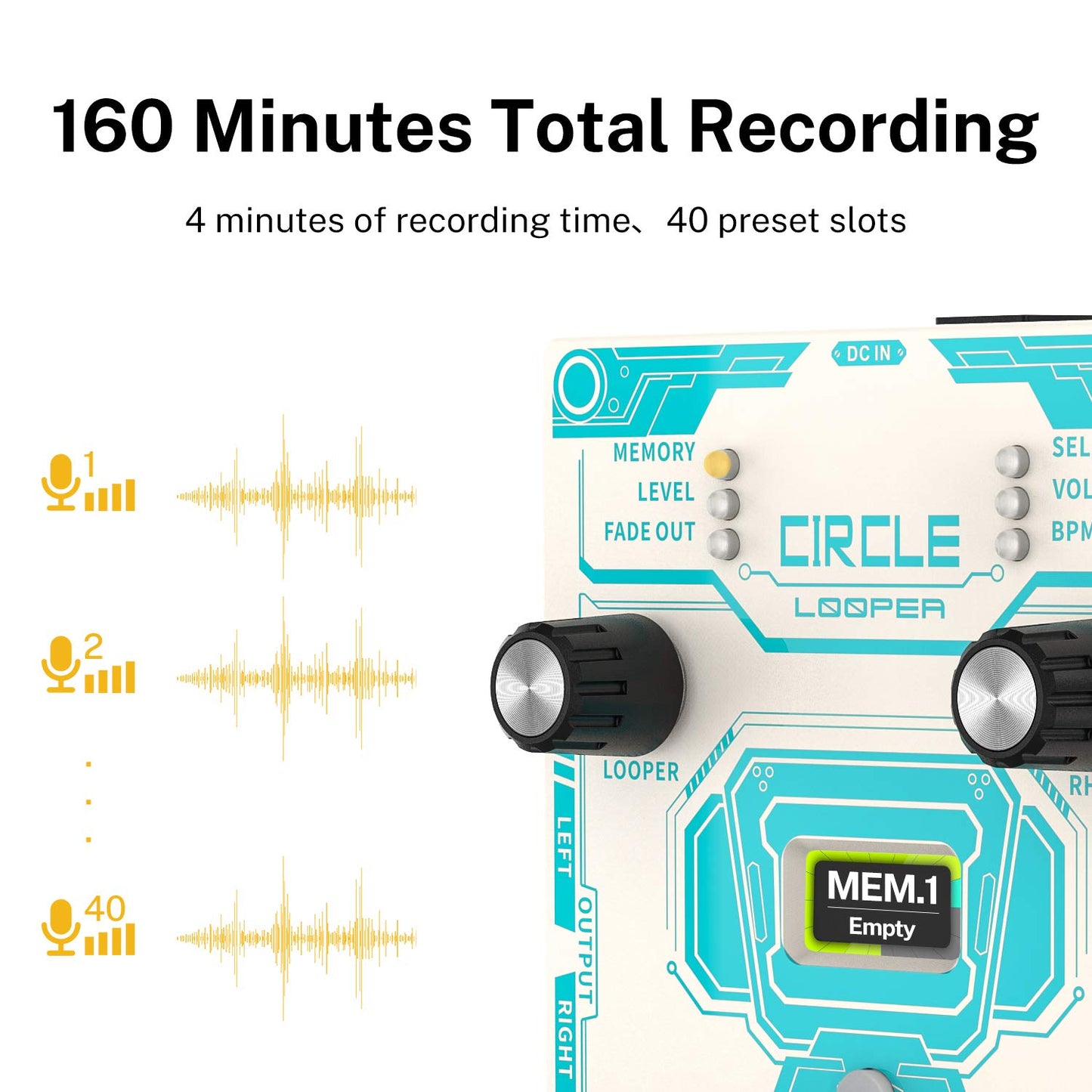 Donner - Pedal de guitarra con máquina de tambor, 40 ranuras de 160 minutos de tiempo de bucle estéreo de bucle, 110 ranuras de tambor, toque tempo, desvanecimiento - Circle Looper