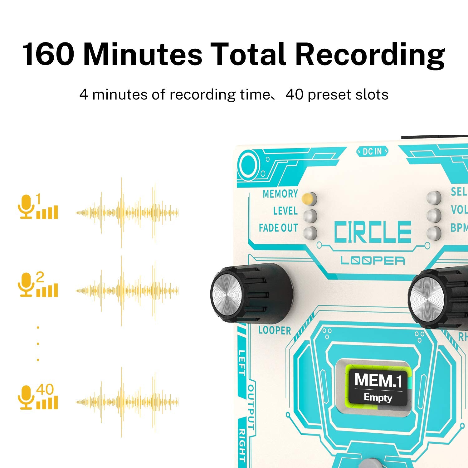 Donner - Pedal de guitarra con máquina de tambor, 40 ranuras de 160 minutos de tiempo de bucle estéreo de bucle, 110 ranuras de tambor, toque tempo, desvanecimiento - Circle Looper
