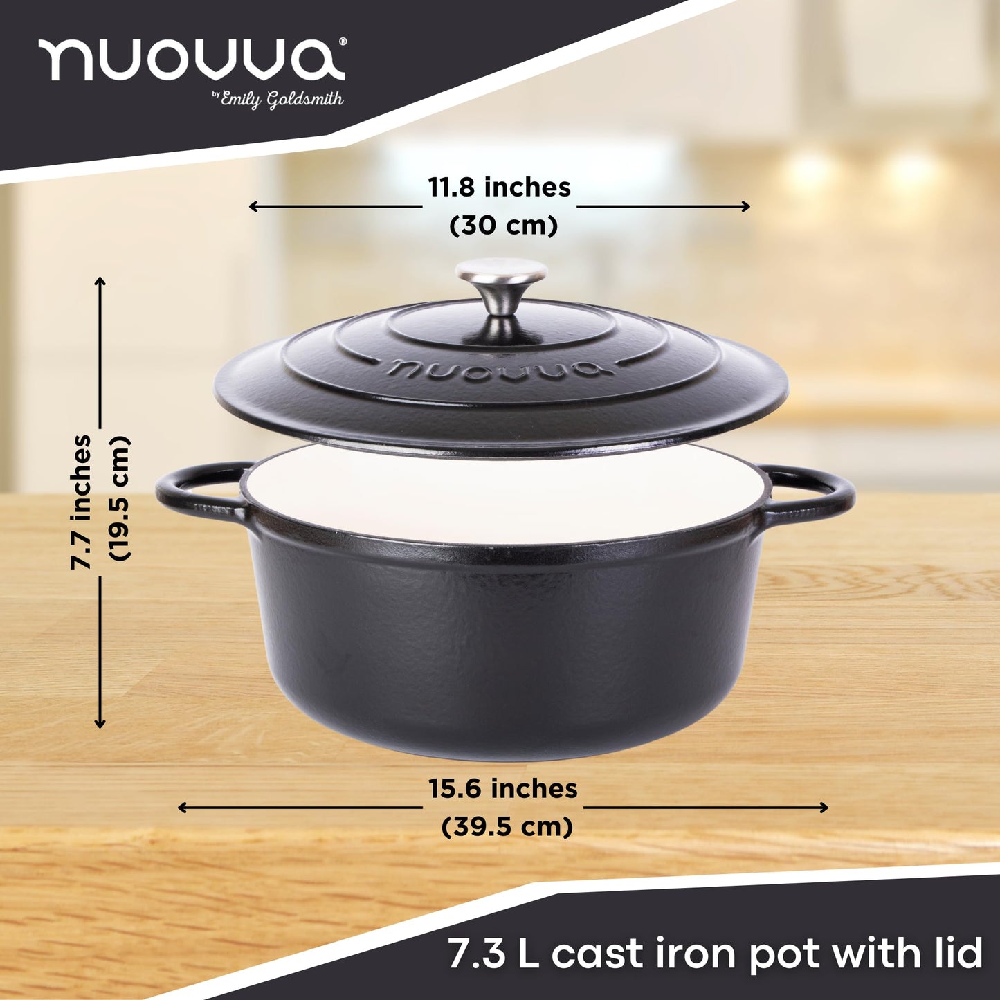 Nuovva - Horno holandés de hierro fundido con tapa - Cacerola esmaltada antiadherente - Utensilios de cocina resistente para horno holandés - Negro, 7.3 cuartos de galón, 30 cm