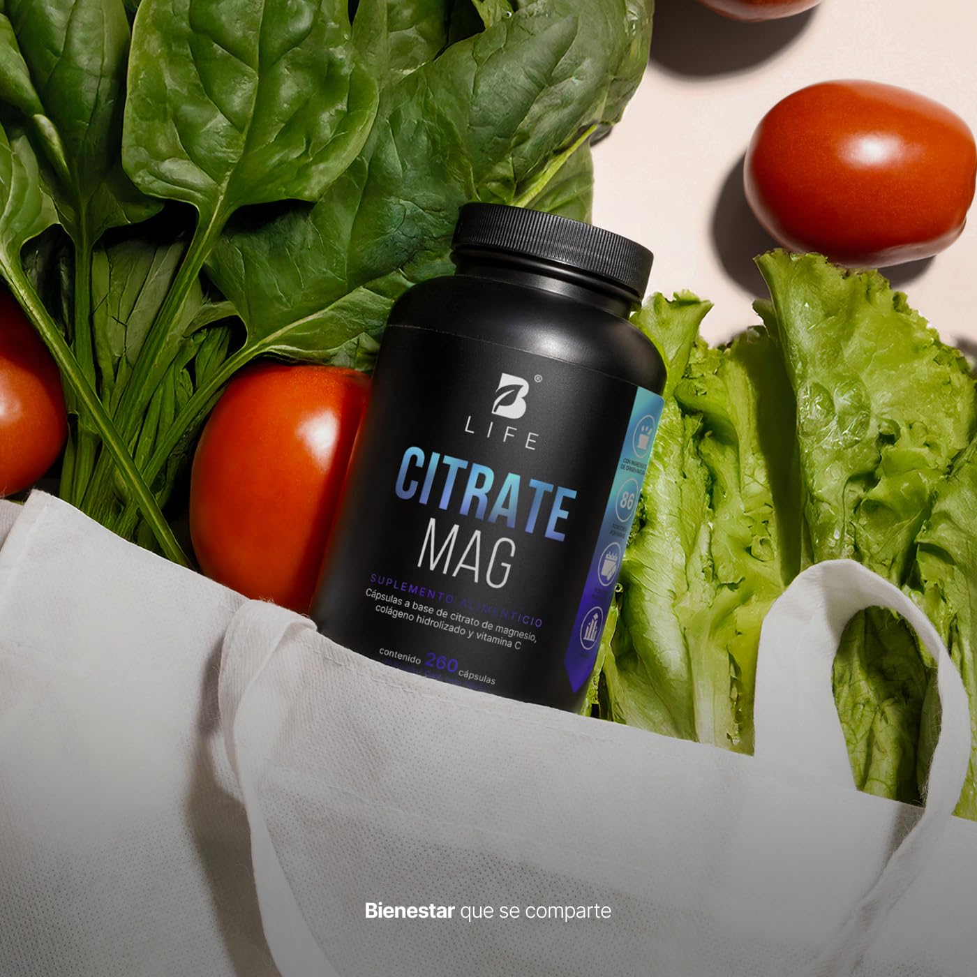B Life | Citrato de Magnesio Puro | 260 cápsulas | 2400 mg por porción | Alta absorción | Adicionado con Vitamina C y Colágeno | Citrate Mag.