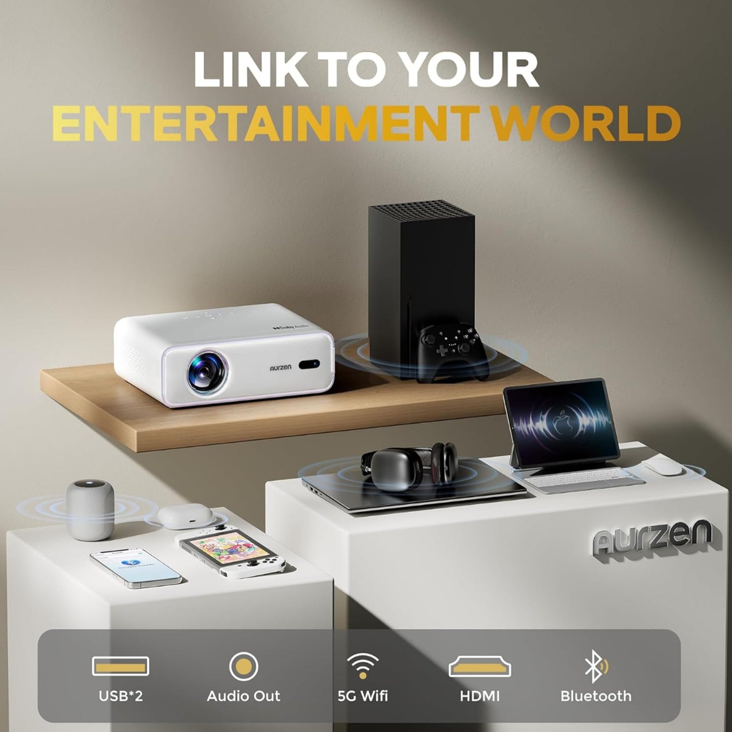 Aurzen EAZZE D1 Proyector Inteligente con WiFi y Bluetooth, aplicación con licencia oficial, enfoque automático/corrección trapezoidal, altavoces Dolby Audio de 16 W, nativo 1080P, HDR10, soporte 4K