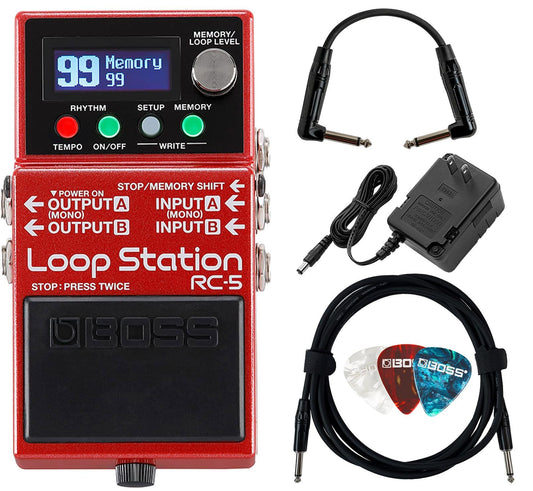 BOSS Loop Station RC-5 Con Adaptador De Corriente, Cable De Instrumento De 10 Pies, Cable De Conexión De 6 Pulgadas Y Púas - Paquete Completo