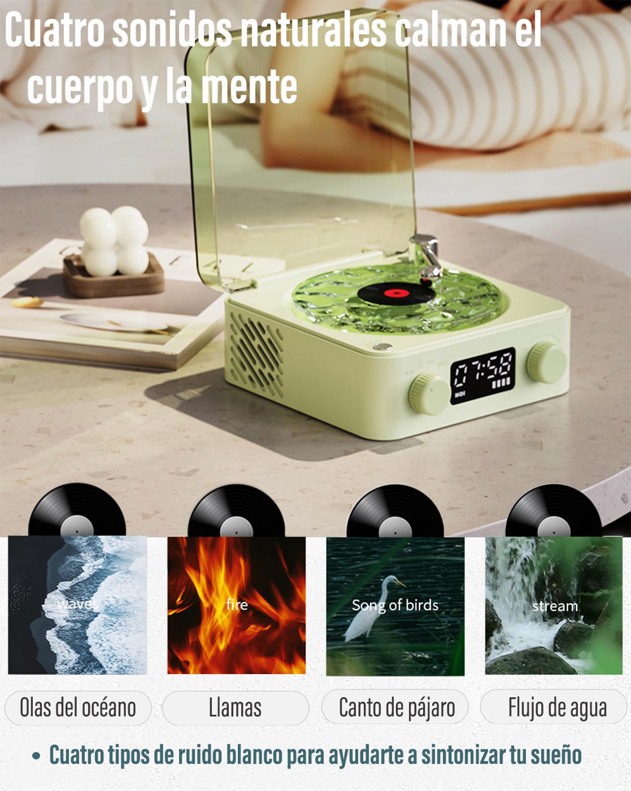 CASASDA Altavoz Bluetooth, Bocina Tocadiscos Bluetooth, Elegante Altavoz Bluetooth con Luz Nocturna y Visualización de la Hora, Pequeño Altavoz Estéreo Multifuncional 3 en 1 (Verde)