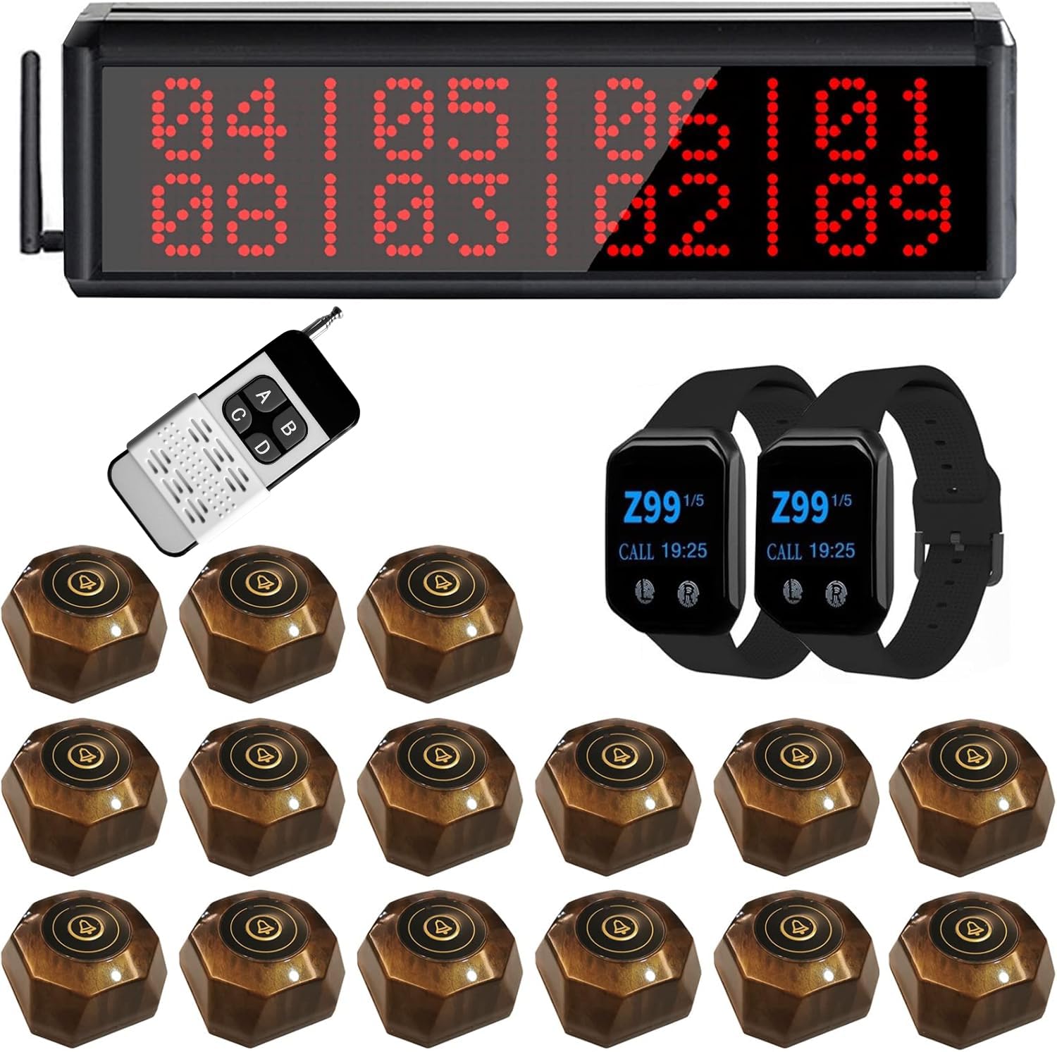 Sistema de búsqueda de restaurante de más de 1600 pies con 1 visualización de visualización/1 control remoto/2 buscapersonas de reloj impermeables/15 botones de llamada para servicio al cliente de