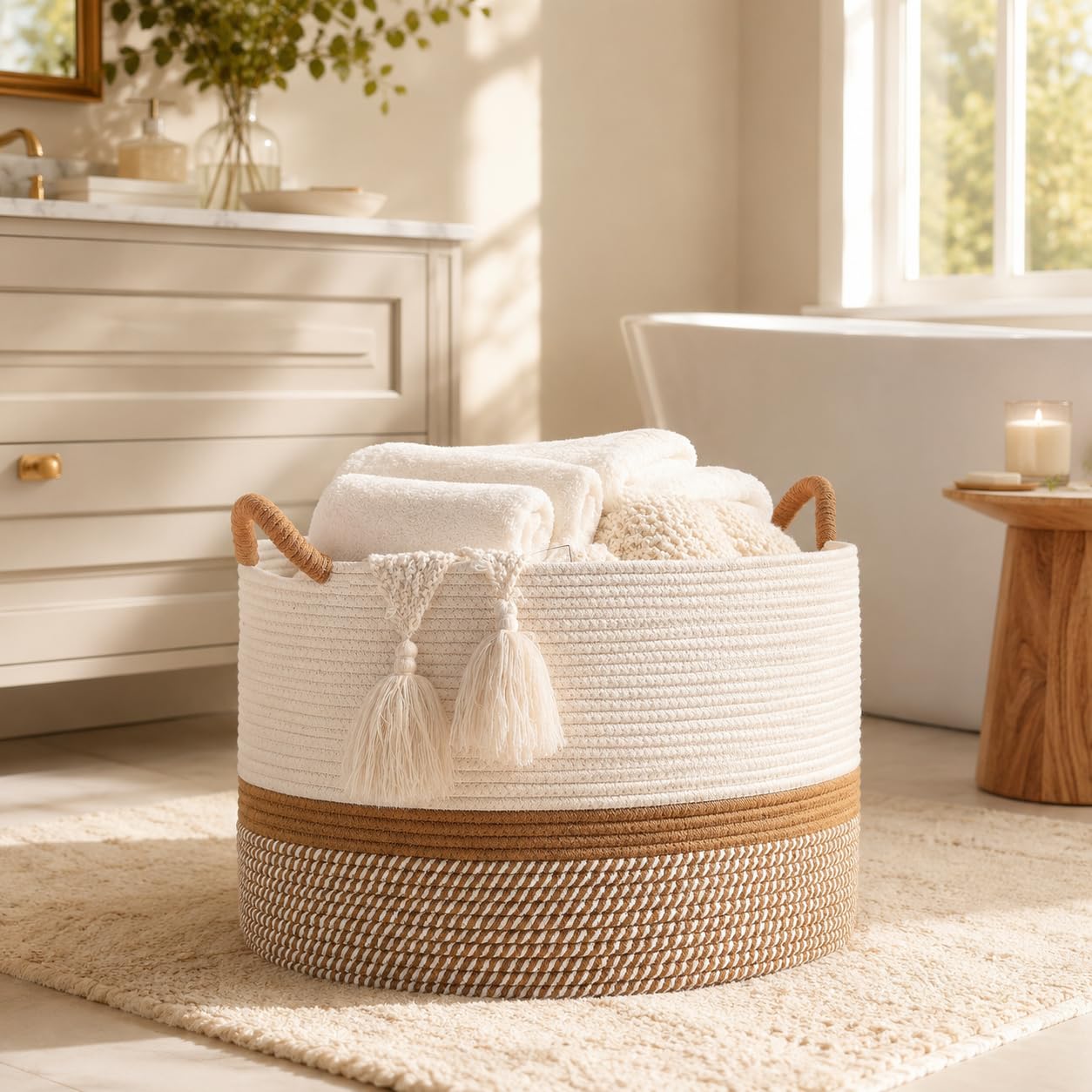 KAKAMAY - Cesta de manta grande (50.8 x 33.02 cm), cestas tejidas para almacenamiento de ropa de bebé, cesta de manta de cuerda de algodón para sala de estar, lavandería, guardería, almohadas, pecho