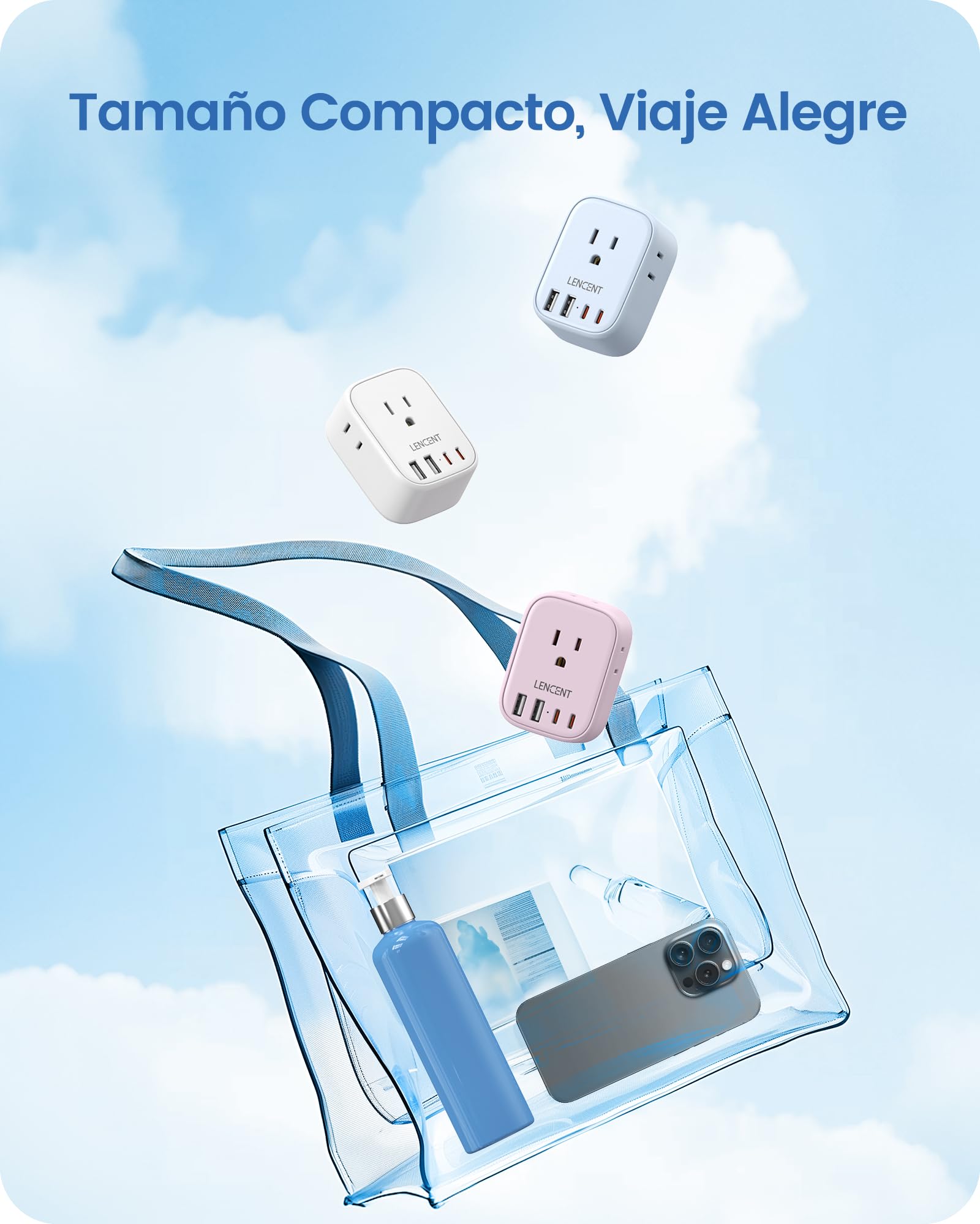 LENCENT Adaptador Europeo Plegable, Adaptador de Corriente con 4 Salidas y 4 Puertos USB (2USB C), Cargador Americano a Europeo para Alemania, España, Italia, Francia, Apto para Cruceros, Azul