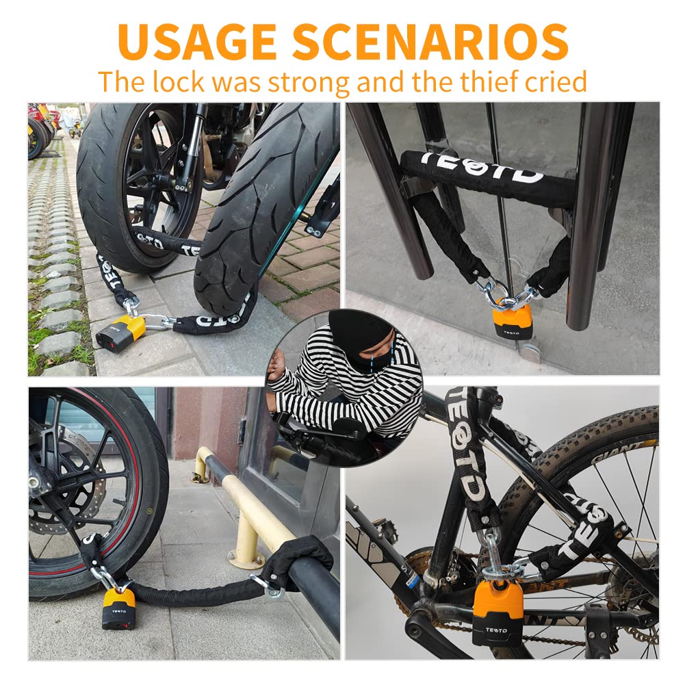 TEOOTD Candado De Cadena Para Motocicleta 6,6 Pies/200 Cm De Largo Candado De Cadena Antirrobo Para Trabajo Pesado Seguridad Cadena De 10 Mm De Espesor Con Candado De Color Brillante, Candado Duradero