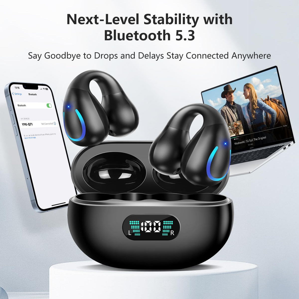 Auriculares Deportivos Bluetooth 5.3 de Conducción Ósea con Clip en Negro y Estuche de Carga Digital 60 Horas de Reproducción