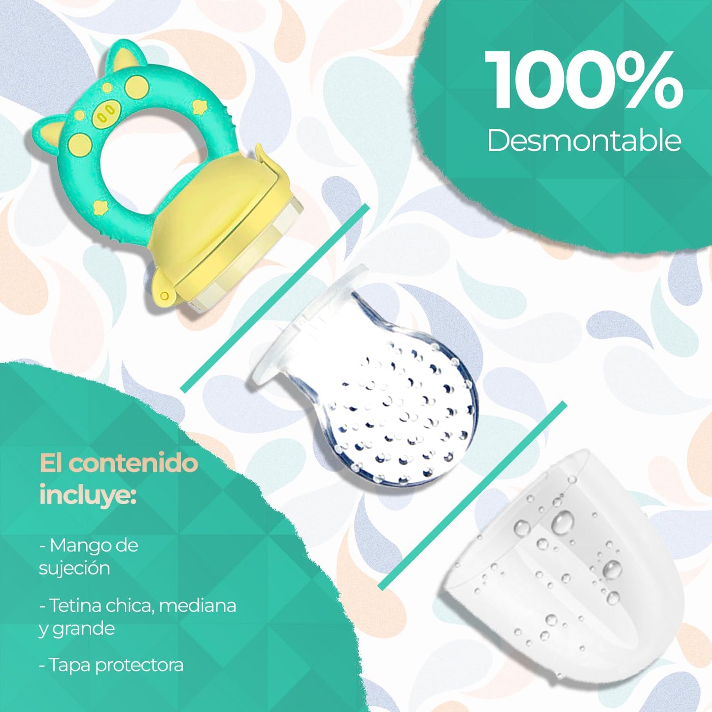 Chupones/Chupetes Ergonómicos para Frutas, Papillas y Cereales con Seguro y Tapa Protectora Libre de BPA, Dibujos Animados, Unisex de 4m+ (Pig Verde Amarillo)