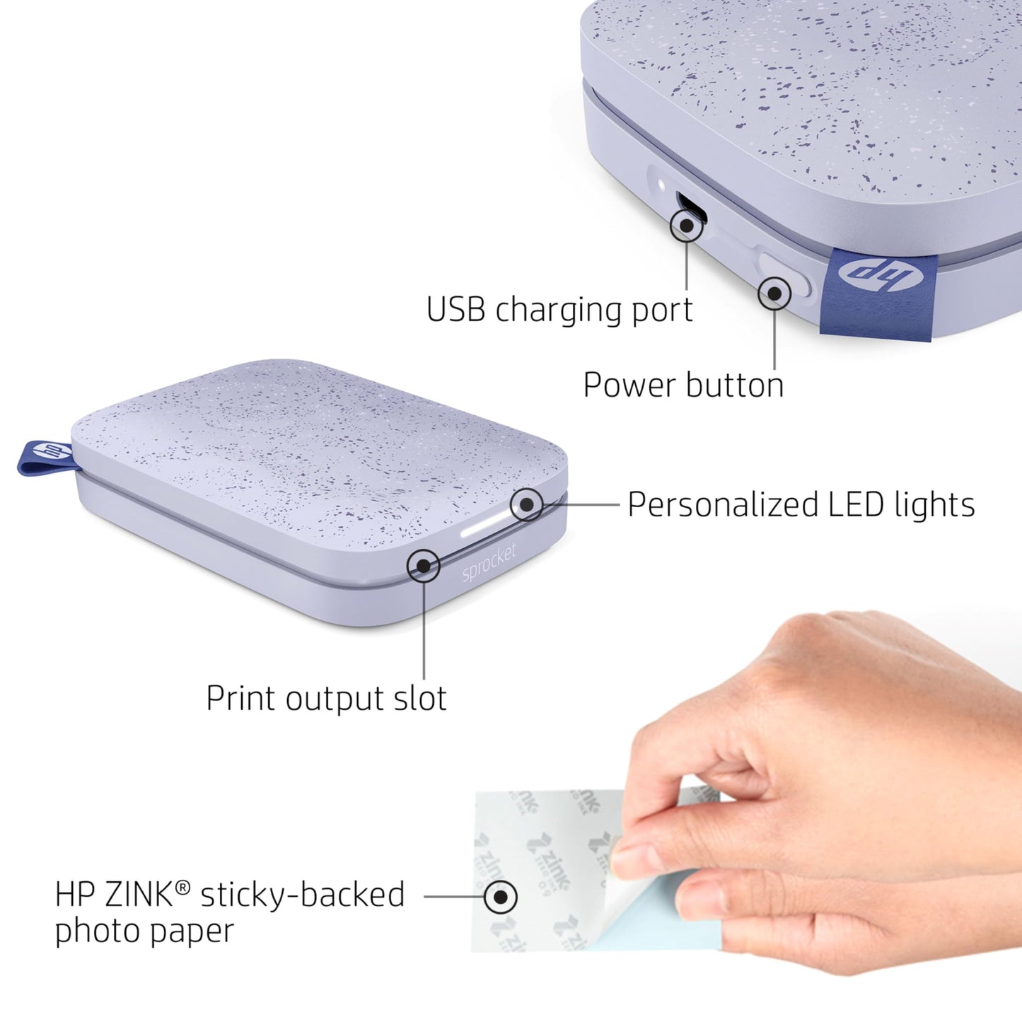 HP Sprocket 2x3" Instant Smartphone Photo Printer - Portable Color Wireless Mobile Printer - Zink Sticky-Back Photos - Print from Compatible iOS & Android Devices with Bluetooth w/App - Lilac