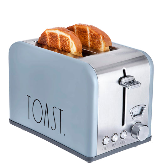 Rae Dunn tostador, tostador cuadrada de acero inoxidable de 2 rebanadas, ranura ancha con 5 niveles de dorado, con bagel, opciones de descongelación y cancelación (azul bebé)