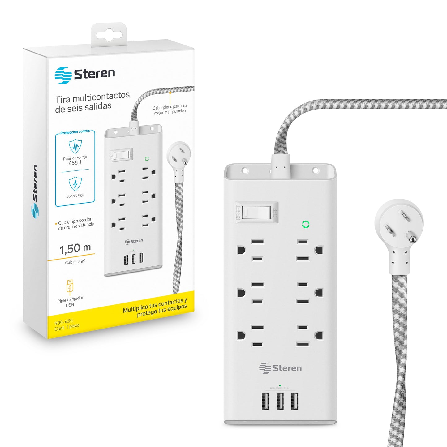 Multicontacto STEREN Negro 6 Salidas Horizontales y Triple Cargador USB