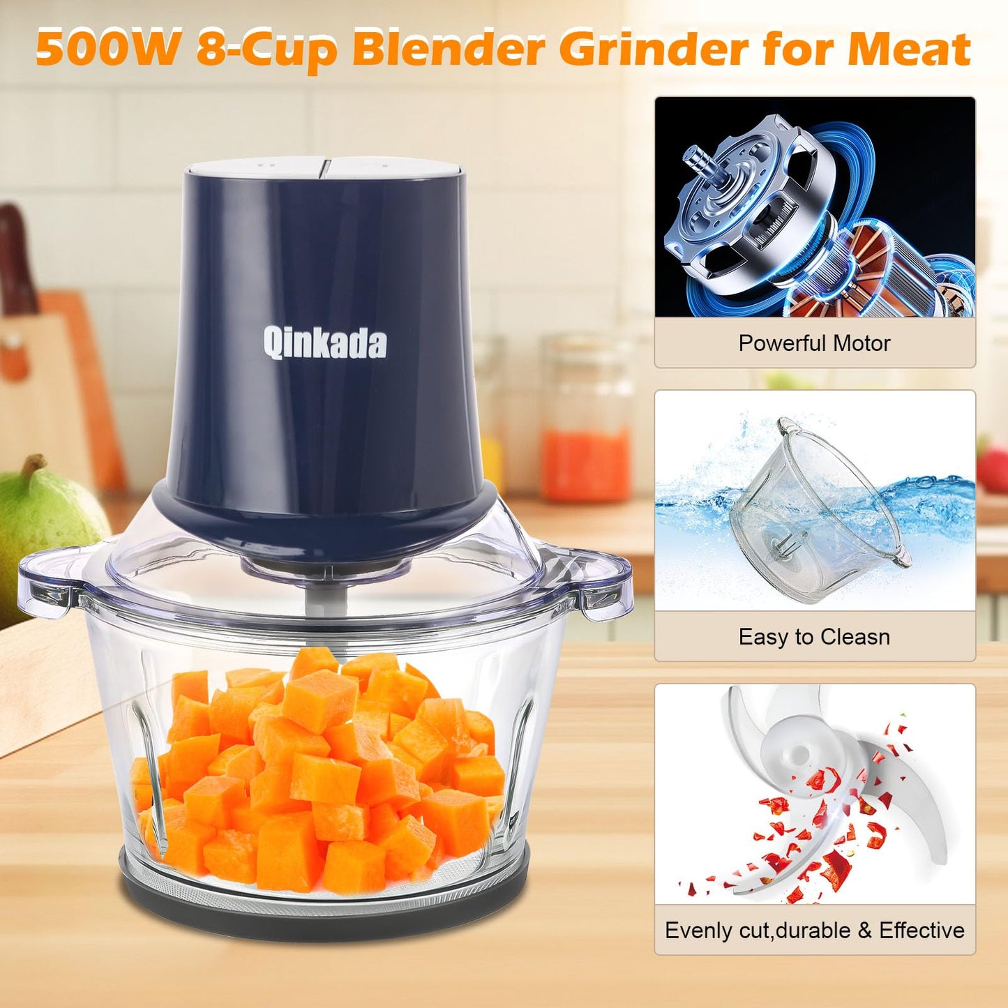 Procesador de Alimentos Qinkada Plateado con Molinillo de Carne y Cuencos de Vidrio e Inoxidable