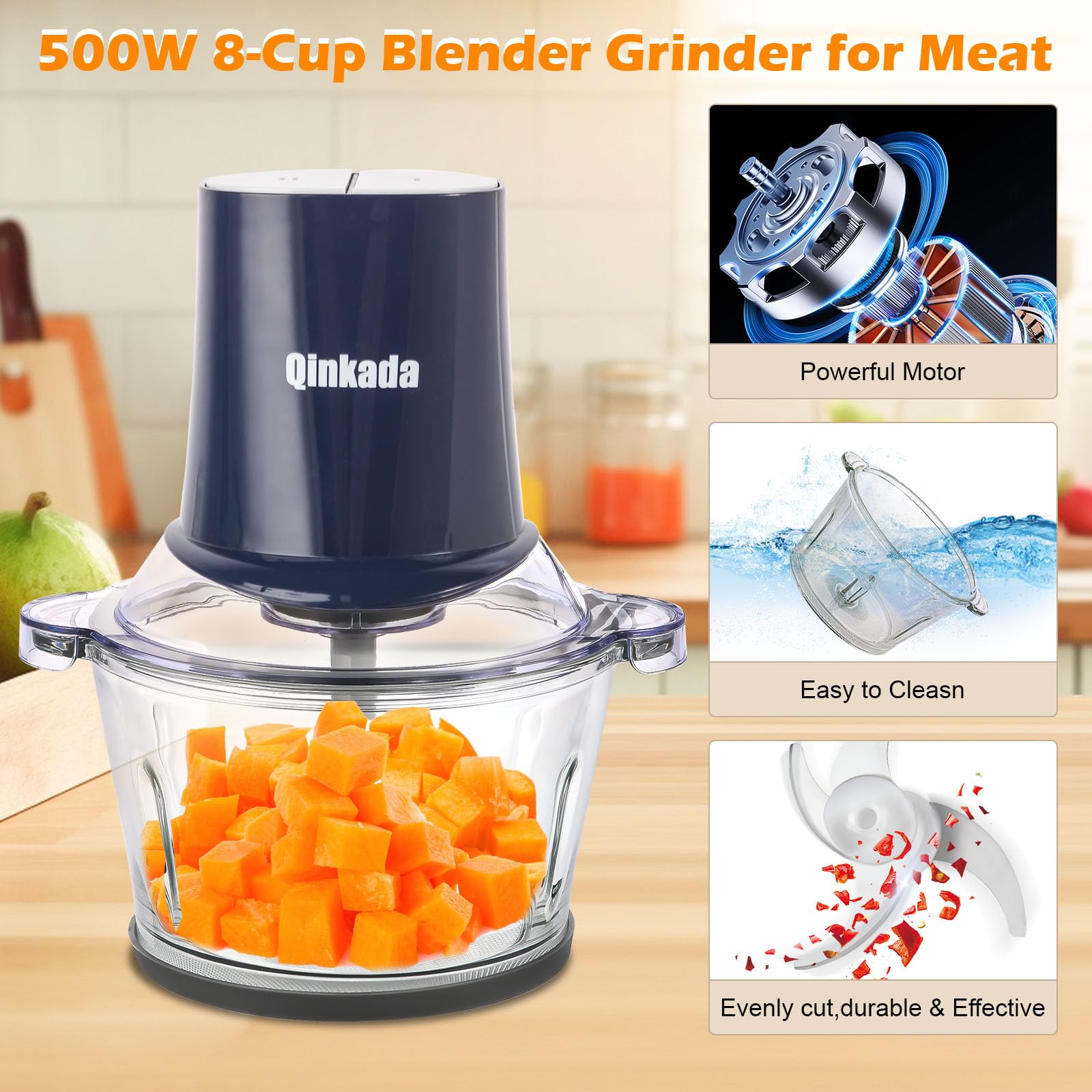 Procesador de Alimentos Qinkada Plateado con Molinillo de Carne y Cuencos de Vidrio e Inoxidable