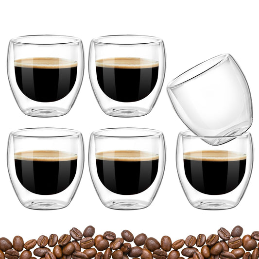 FAMILUCKY-6 Pcs 80ml Tazas de Café de Doble Vidrio, Vasos para Café de Doble Pared de Vidrio Tèrmico Borosilicato, Taza de Café Pequeña de 80 ml, Apto para Capuchino, Espresso, Té, etc