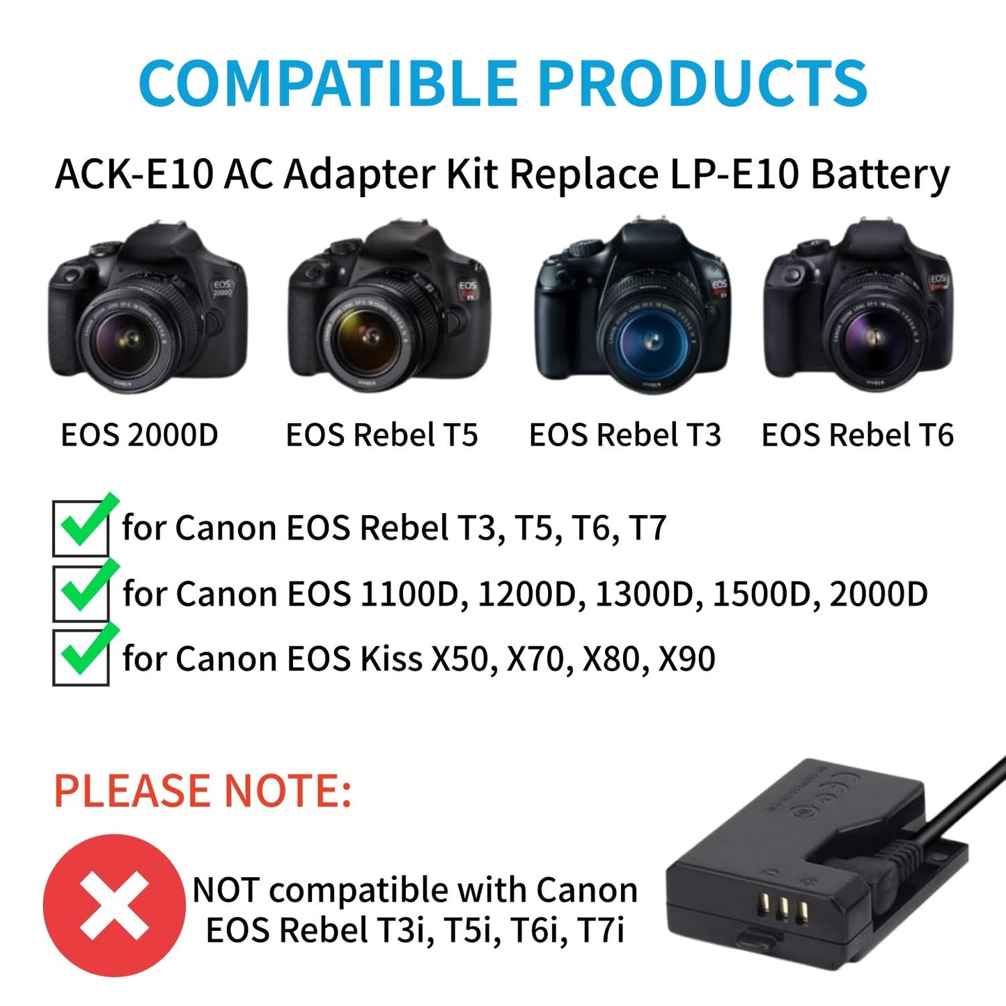 Kimaru DR-E10 de ACK-E10 LP-E10 de Acoplamiento de CC batería ficticia Kit de Adaptador de CA para Canon EOS Rebel T3 T5 T6 T7 1100D 1200D 1300D 1500D 2000D, Beso X50 X70 X80 X90 cámaras.
