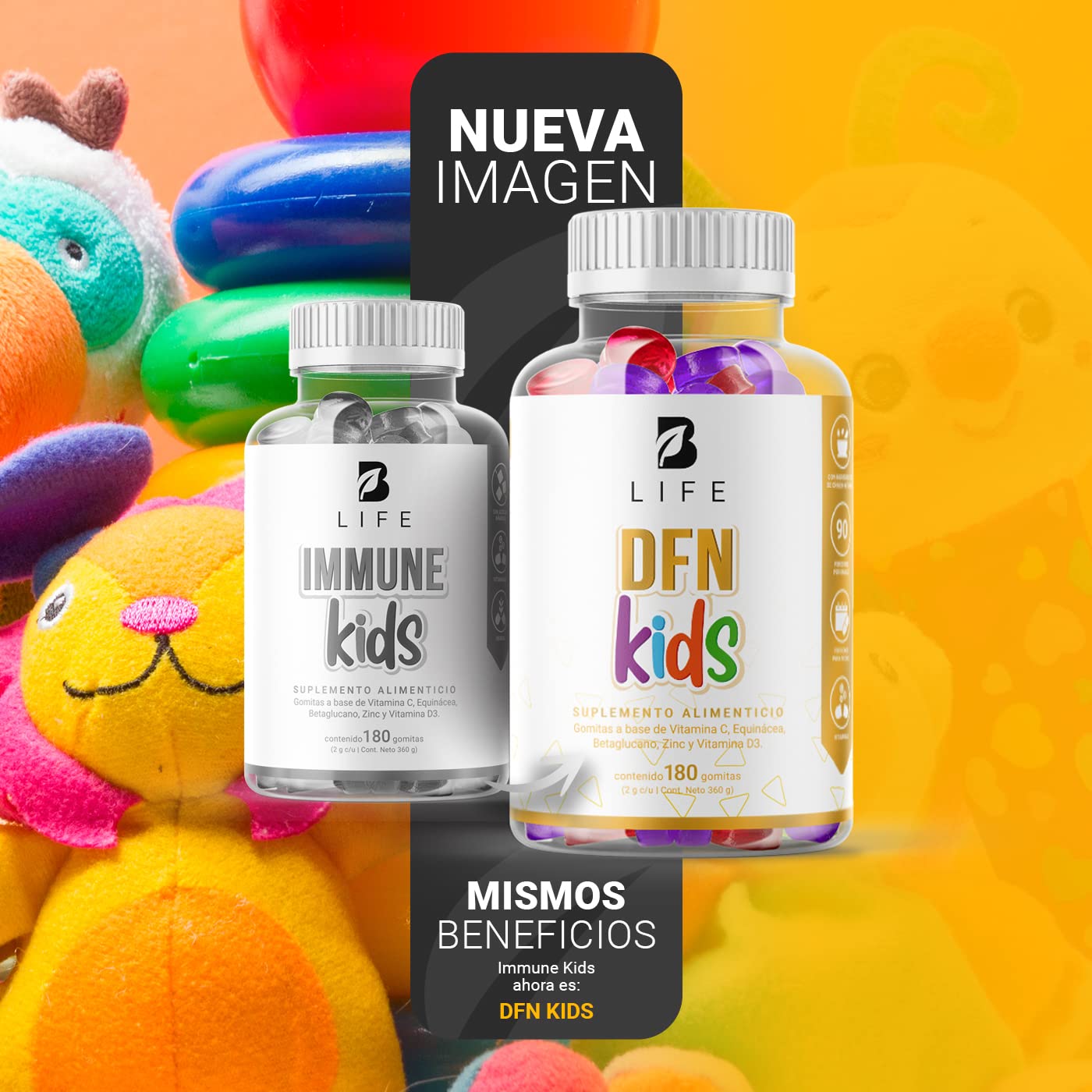 DFN Kids 180 gomitas SIN AZÚCAR añadida. Ingredientes naturales: Vitamina C, D3, Echinacea y Zinc. DFN Kids B Life.