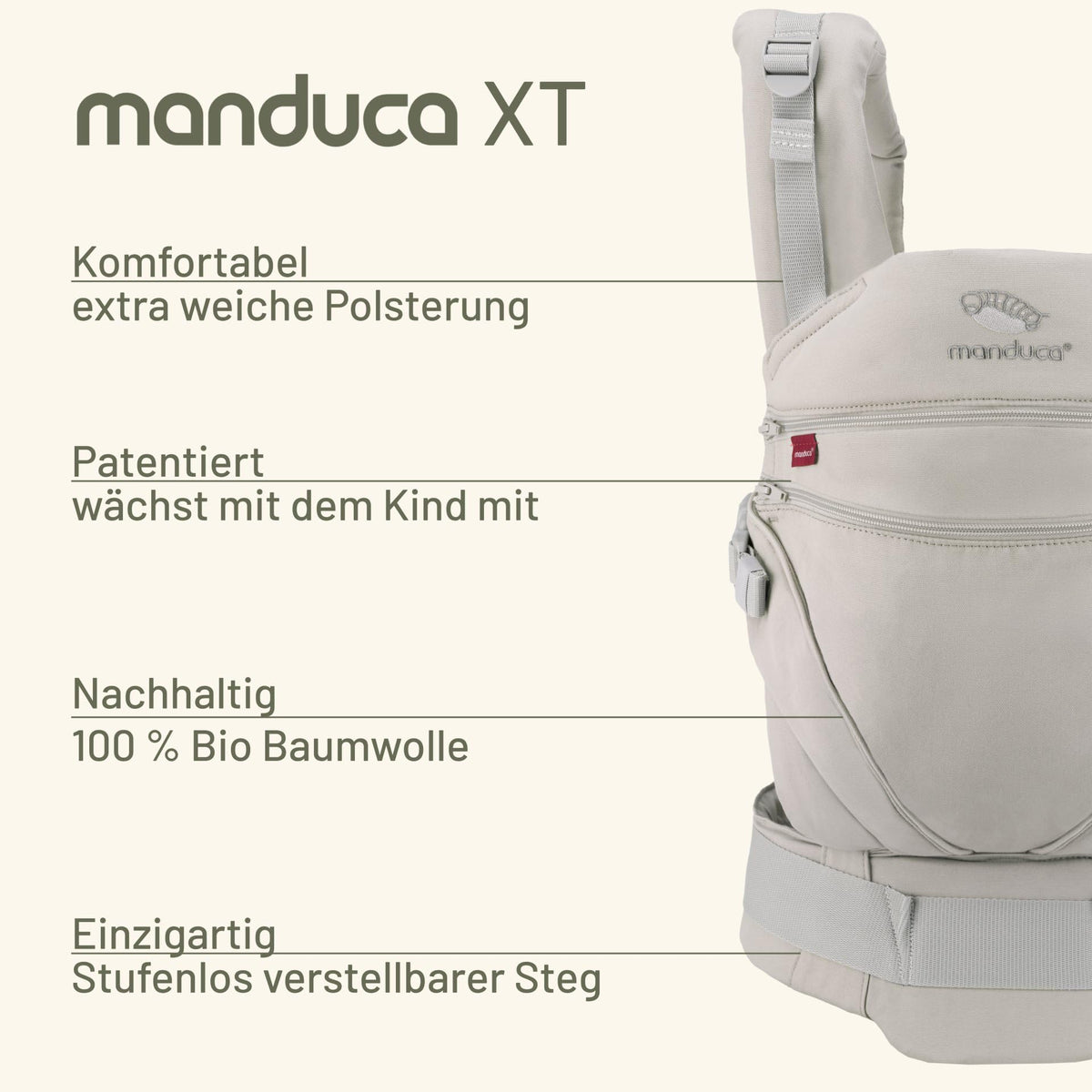 Manduca XT, portabebés con asiento ajustable, 3 posiciones de transporte (delantero, cadera y espalda), algodón orgánico, crece con tu bebé (3,5-20 kg), Grey-white, XT Cotton